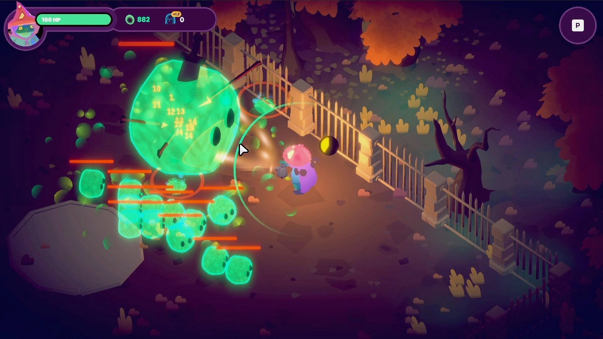 Wildwood: Player uses lantern to battle glowing green enemies in a graveyard with health and score UI.