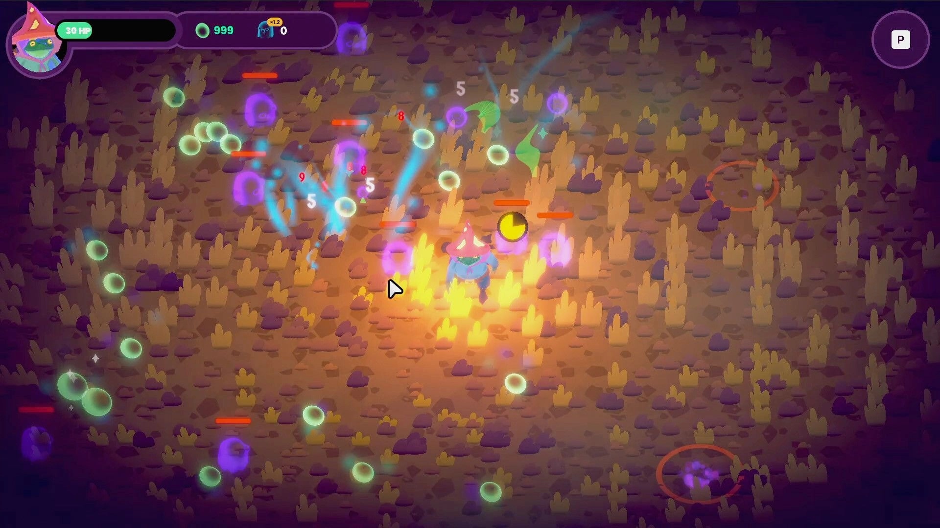 Wildwood: Character battling glowing blue enemies with health bar and score in dark forest setting
