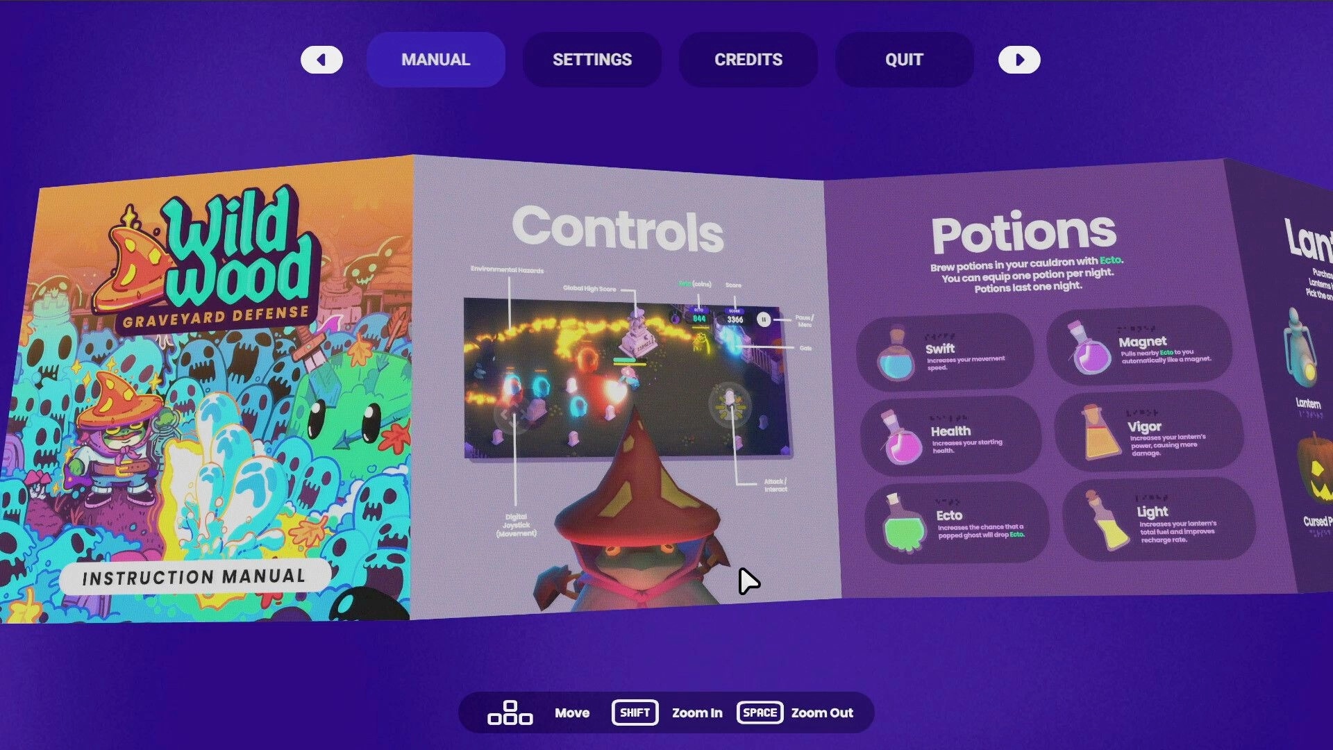 Wildwood: Instruction manual screen with controls, potion details, and main menu options displayed