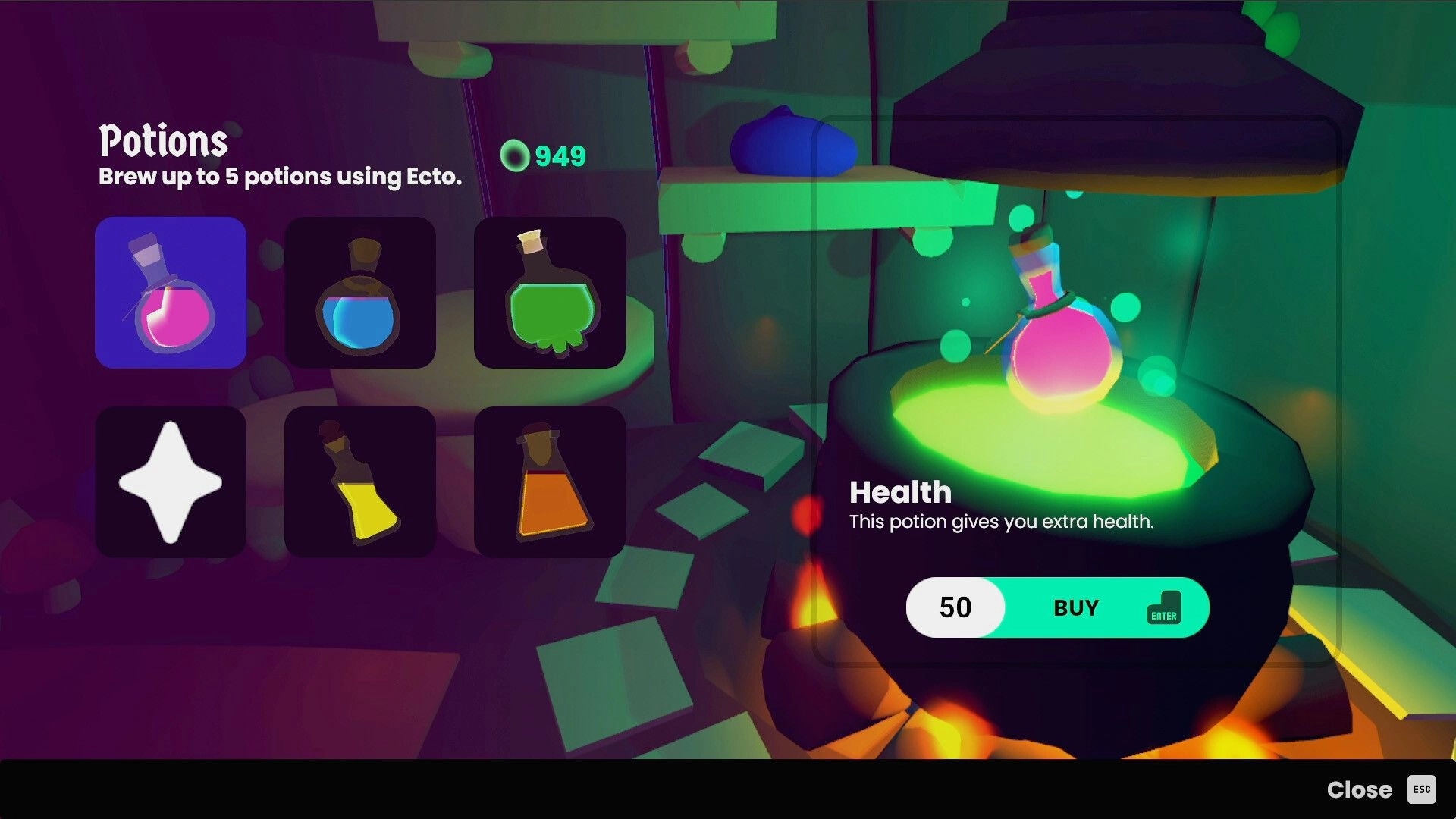 Wildwood: Potion brewing station with colorful vials in a dimly lit workshop environment