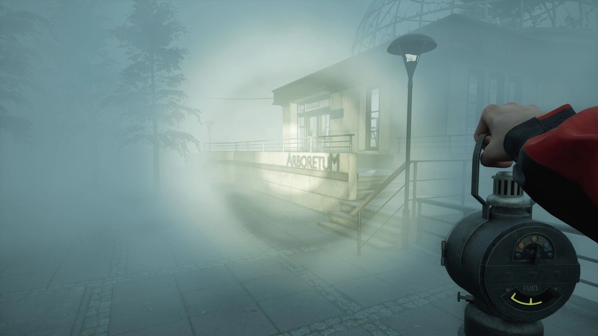 WILL: Exploring a foggy path with lantern towards the Arboretum building in a misty environment