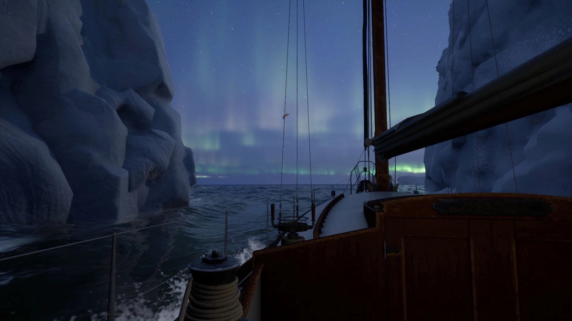 WILL: Sailing through icy waters under aurora borealis, navigating between towering ice cliffs at night.