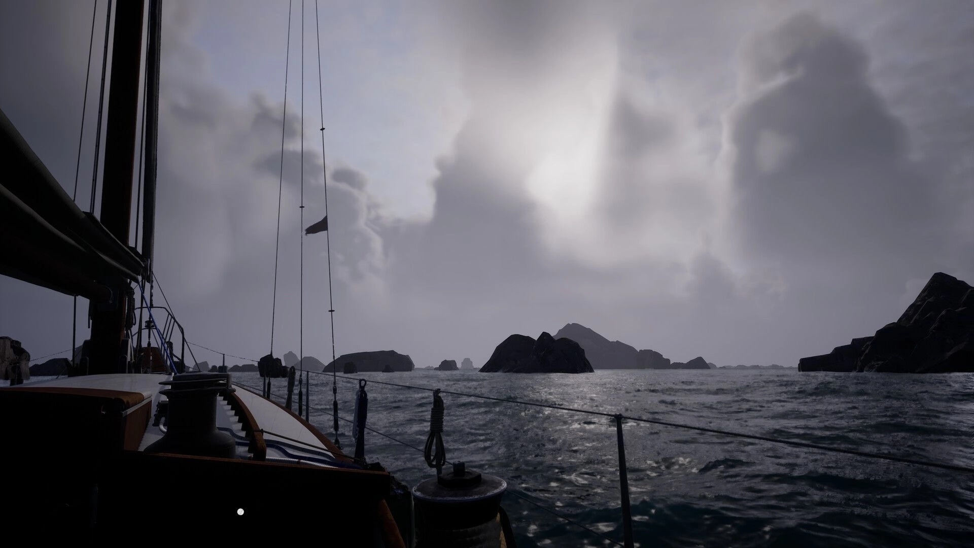 WILL: Sailing through turbulent waters under a cloudy sky with rocky islands on the horizon