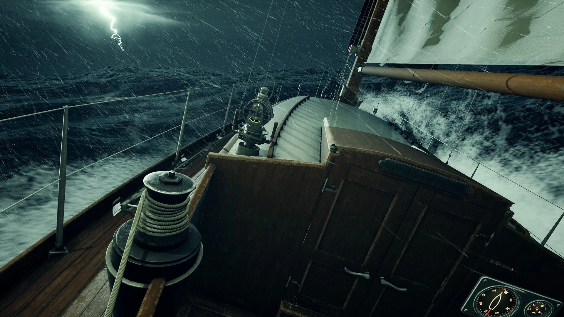 WILL: Sailing through stormy seas at night with lightning in the distance and compass visible in corner
