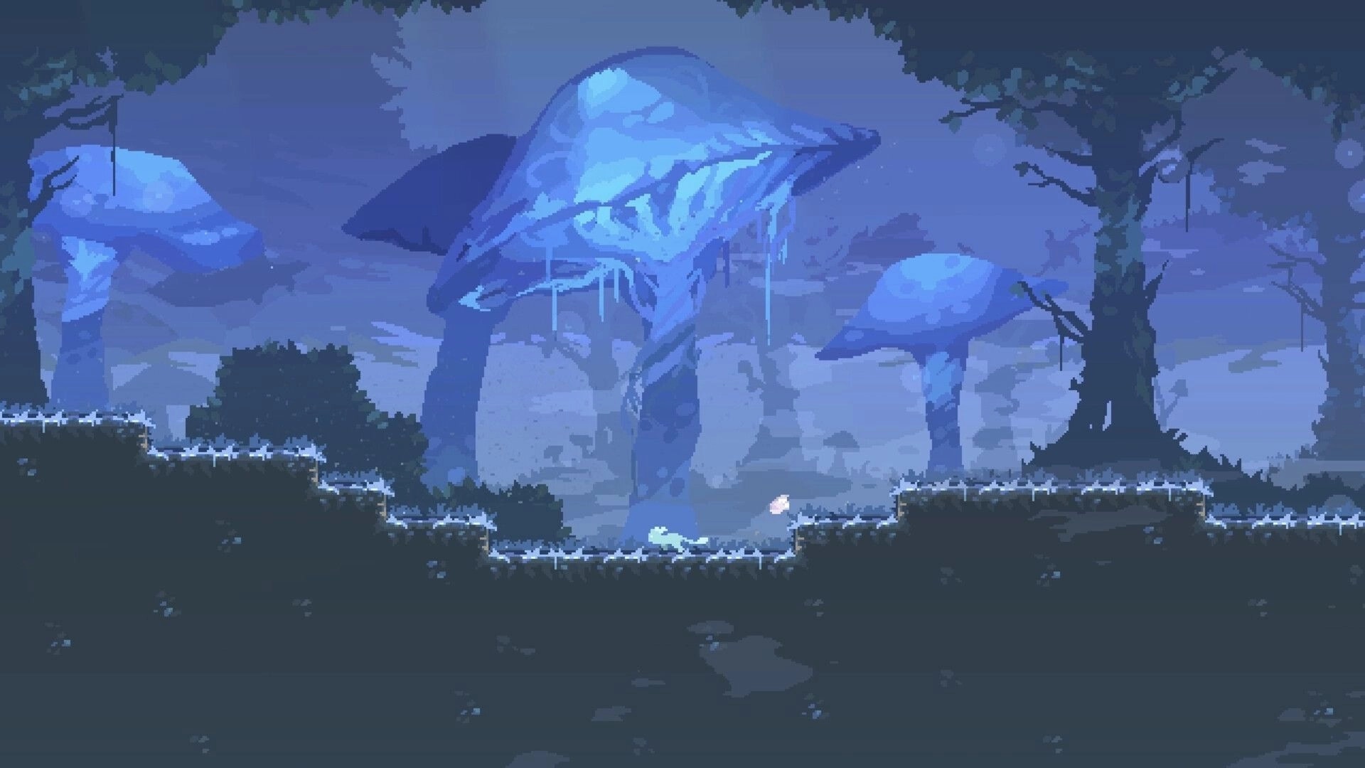 Will O Wing: Small blue wisp on icy platforms beneath giant mushrooms in a misty forest scene.