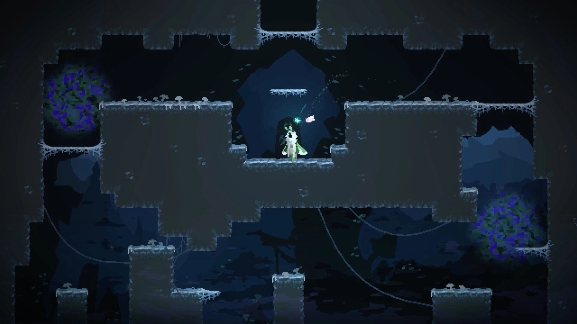 Will O Wing: Small winged character stands on icy ledge with glowing wisp in dark cavern ruins.