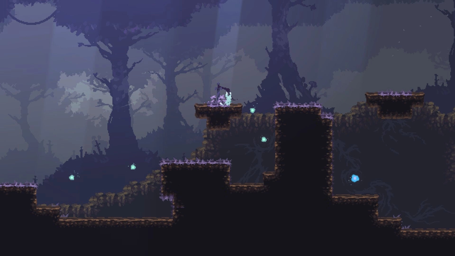 Will O Wing: Ghostly sprite stands on a ledge above thorny platforms in a misty forest cavern.