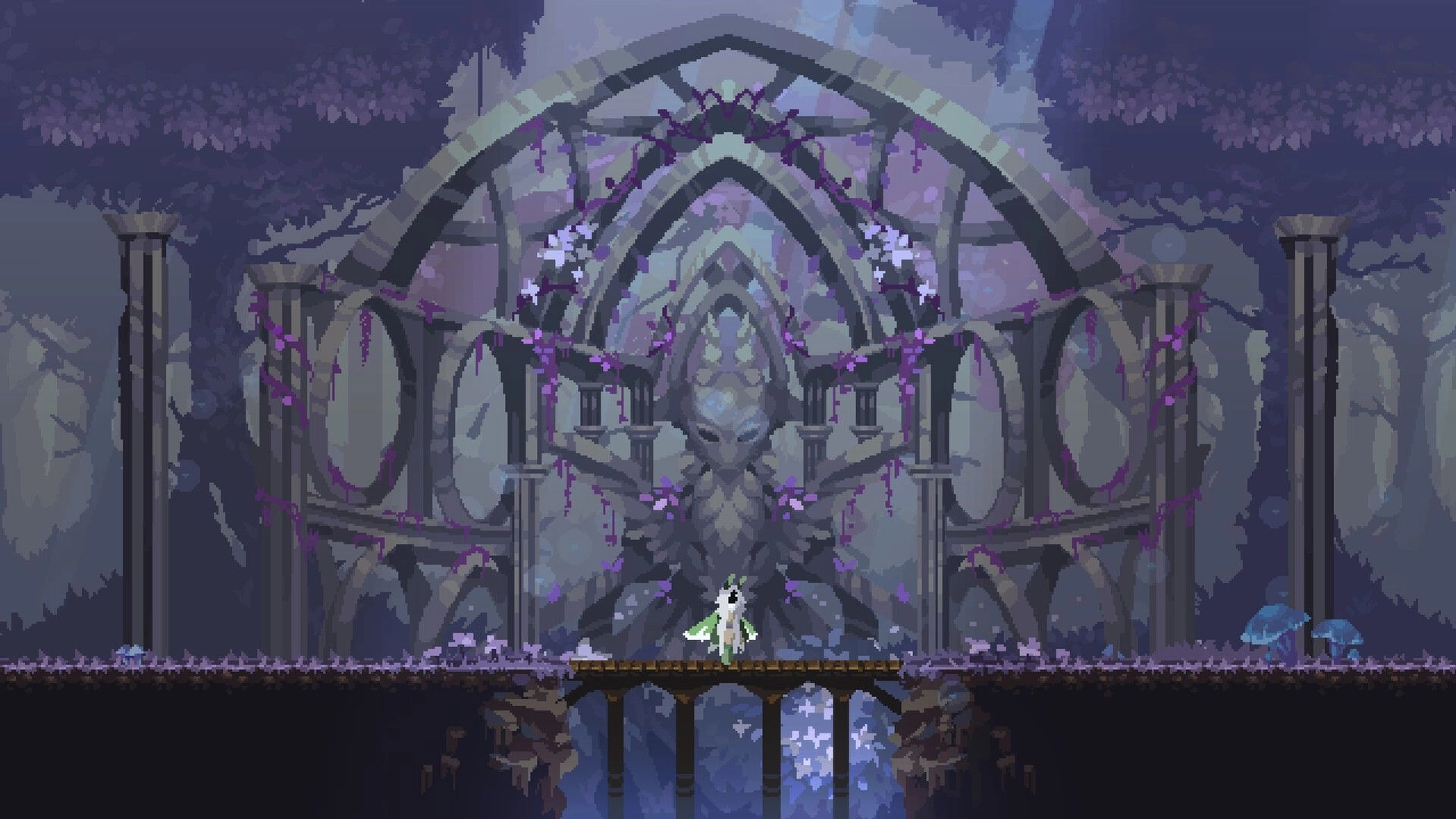 Will O Wing: Cloaked character stands on bridge before huge arched ruin with purple vines and misty forest.