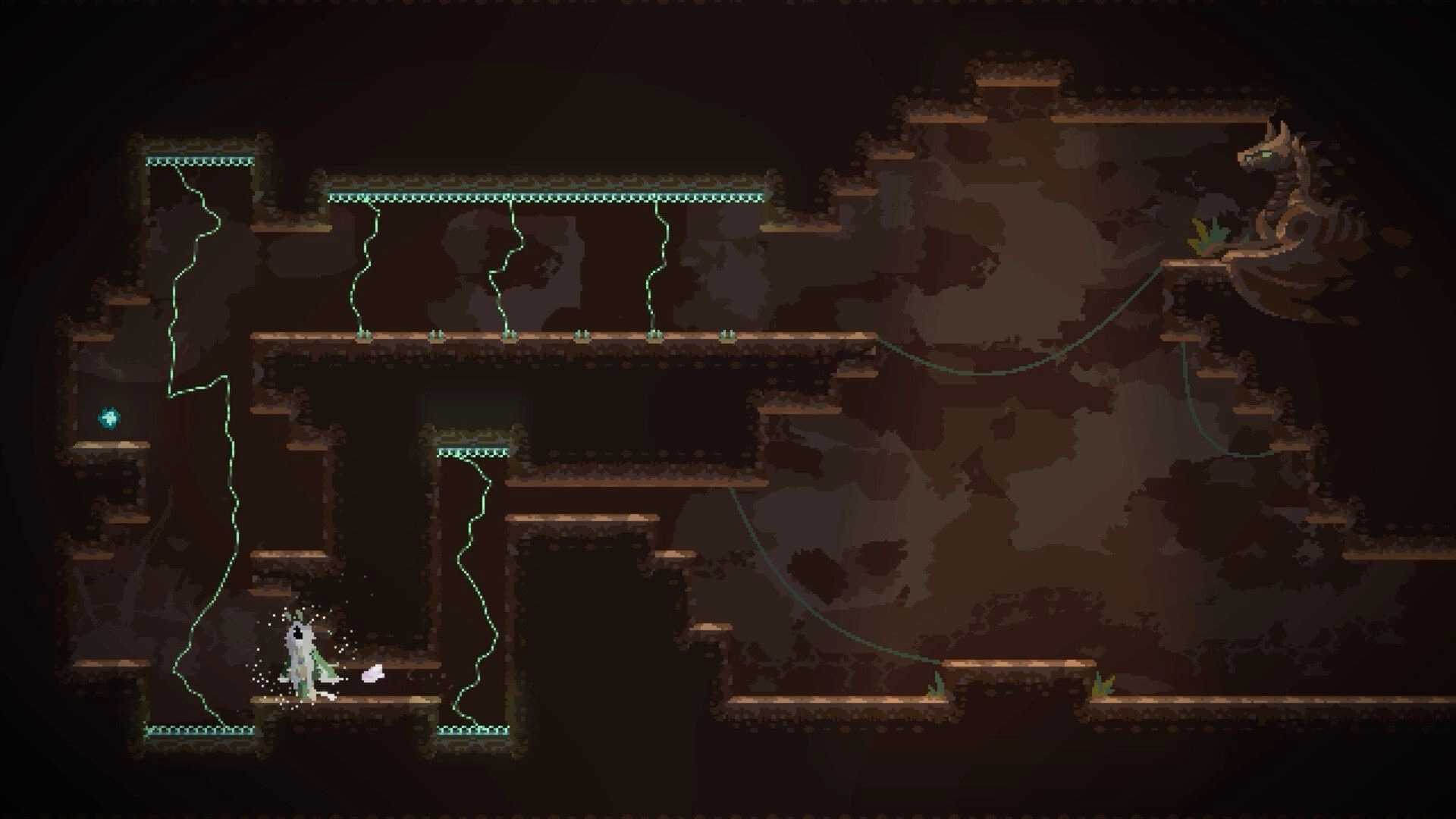 Will O Wing: Cloaked character in cave platform puzzle with glowing vines and a dragon statue ledge.