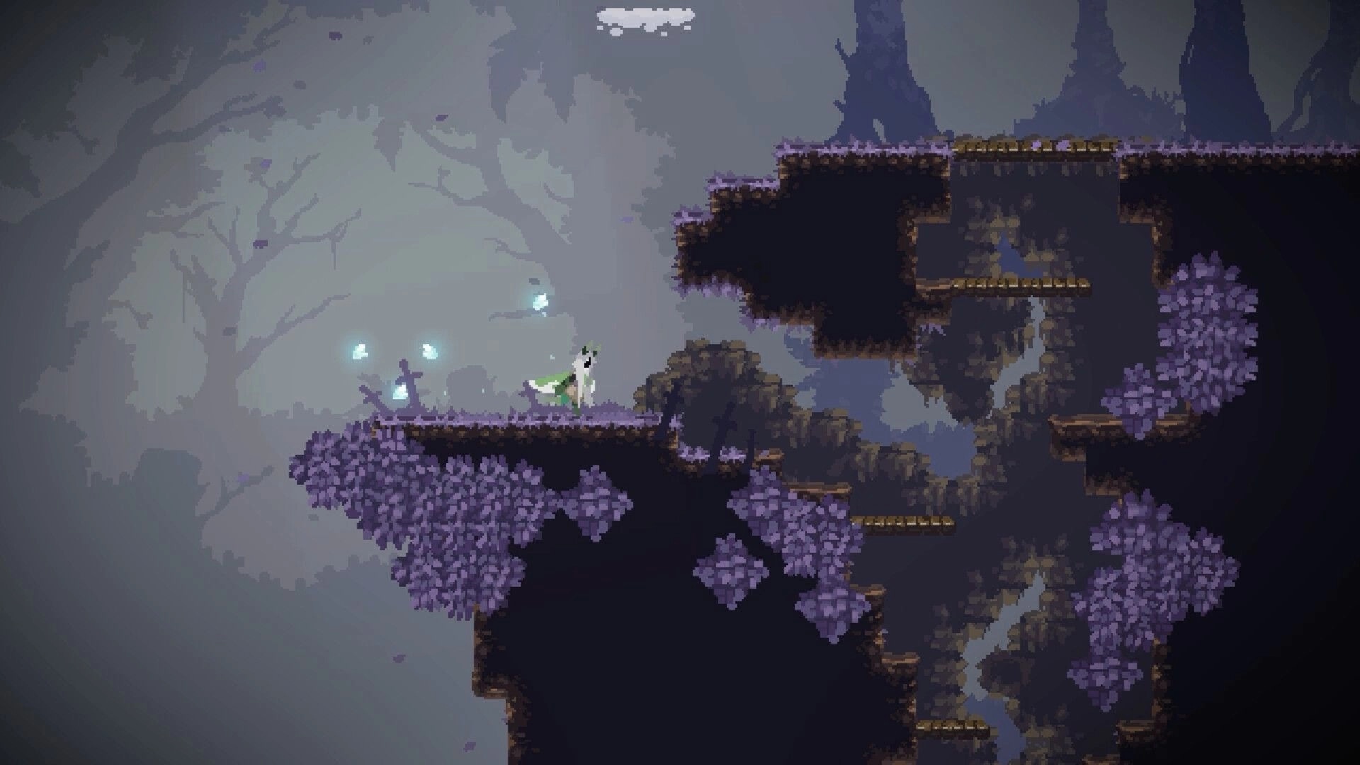 Will O Wing: Cloaked character stands by glowing wisps on purple ledge in misty cavern platforms.