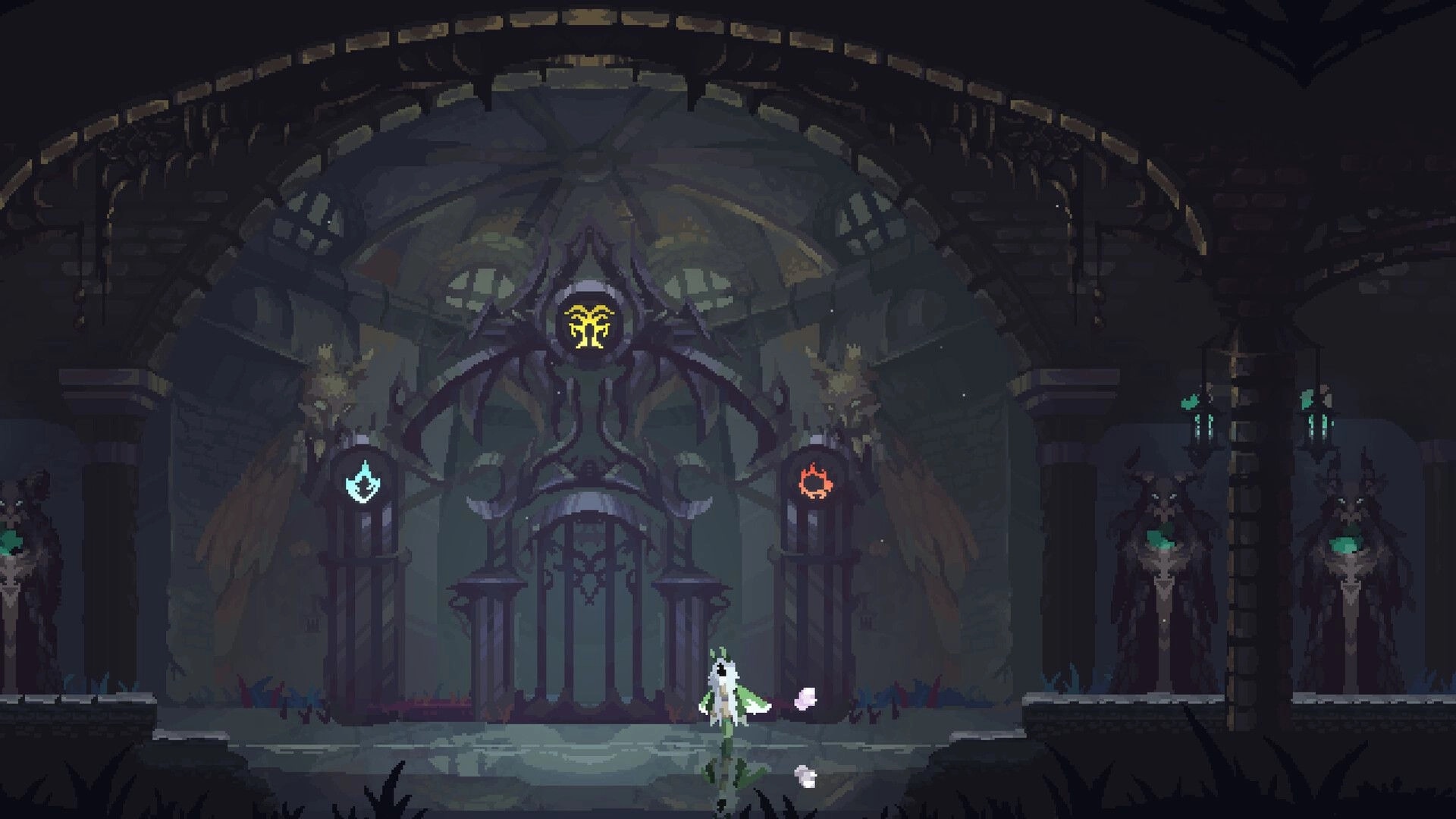 Will O Wing: Cloaked sprite faces a sealed rune gate in a gloomy cathedral hall with glowing sigils.