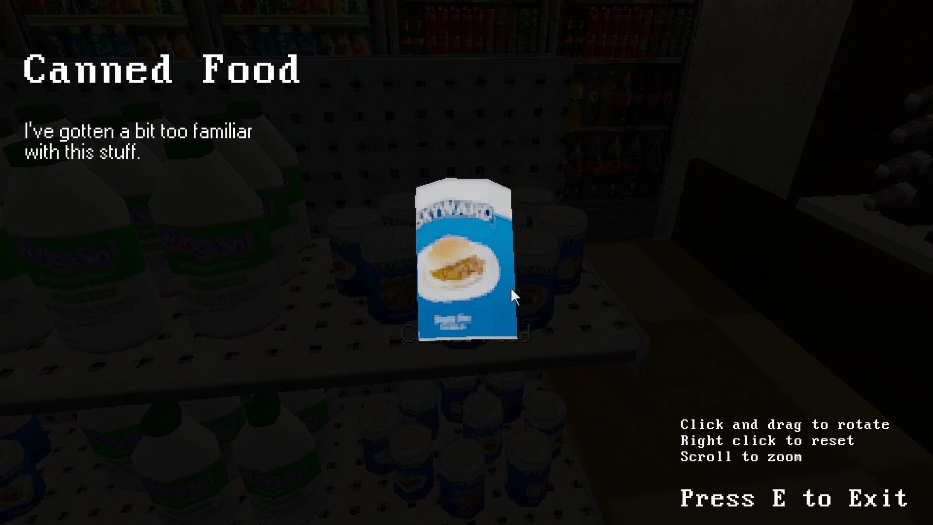WILLOW RIDGE: Inspecting canned food item in rotate/zoom view inside a dim grocery aisle shelf.