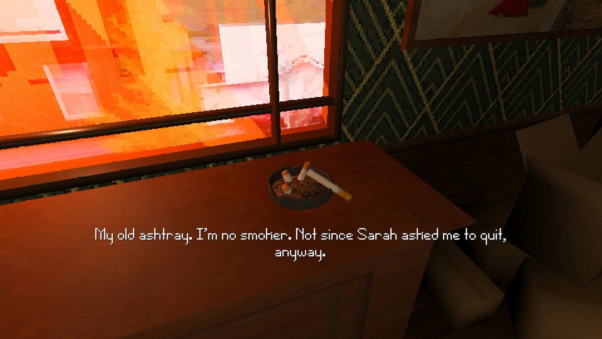 WILLOW RIDGE: Close-up of ashtray on a diner table by window, with dialogue text overlay onscreen.