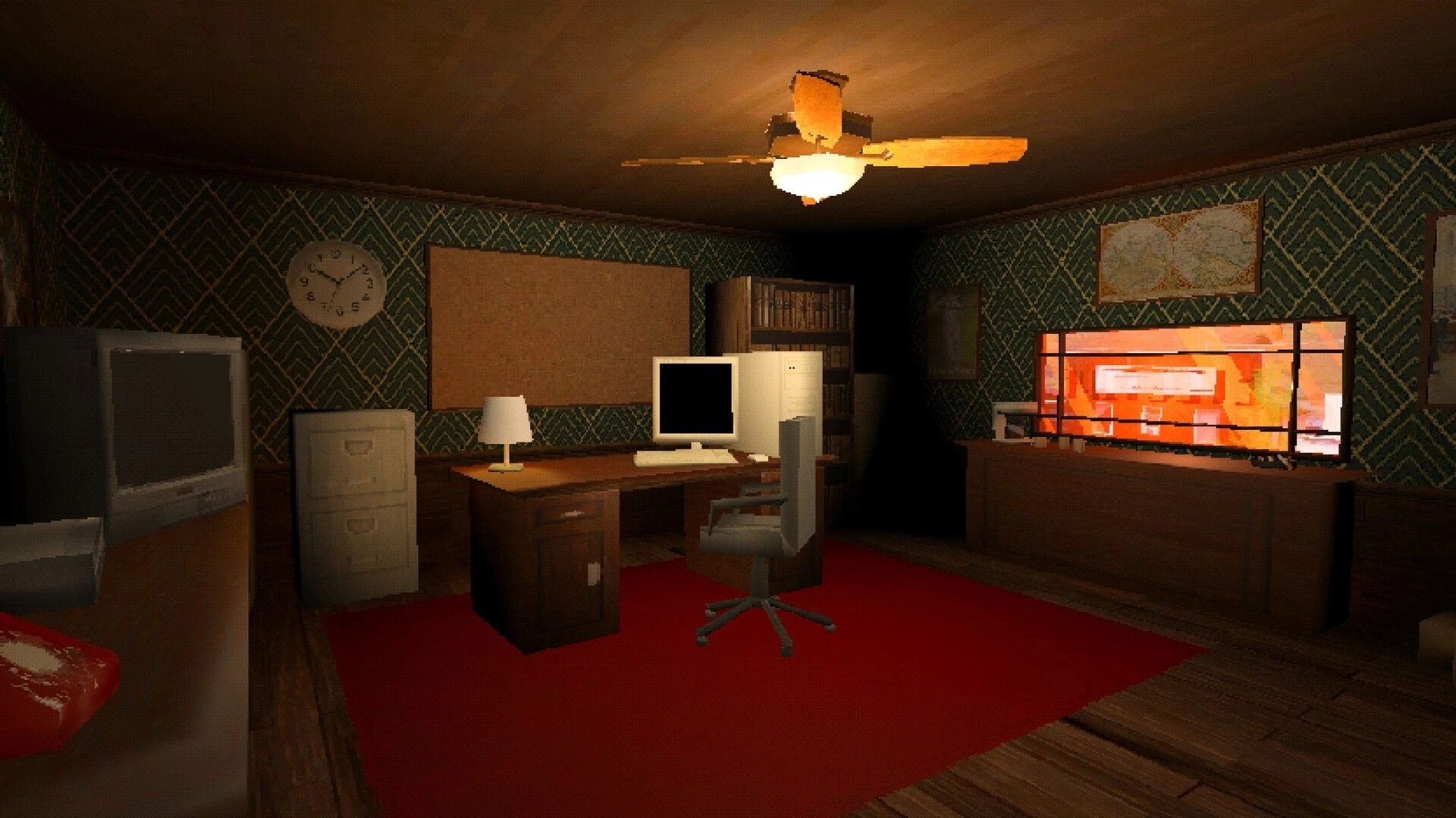 WILLOW RIDGE: Quiet office with desk PC and files, dim ceiling fan light over red carpet room.