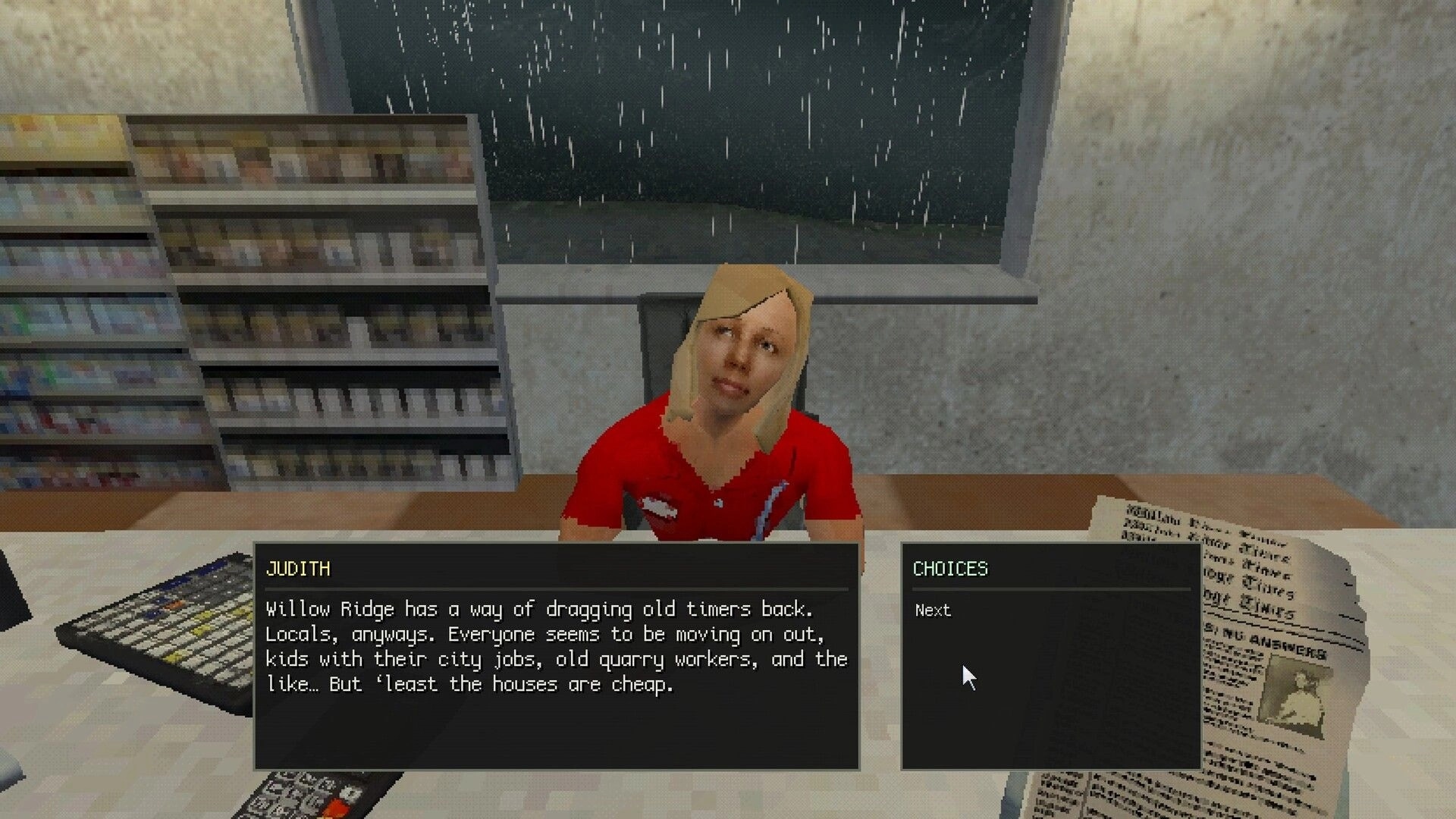 WILLOW RIDGE: Dialogue with Judith at a counter, choices panel open in a rainy convenience store.