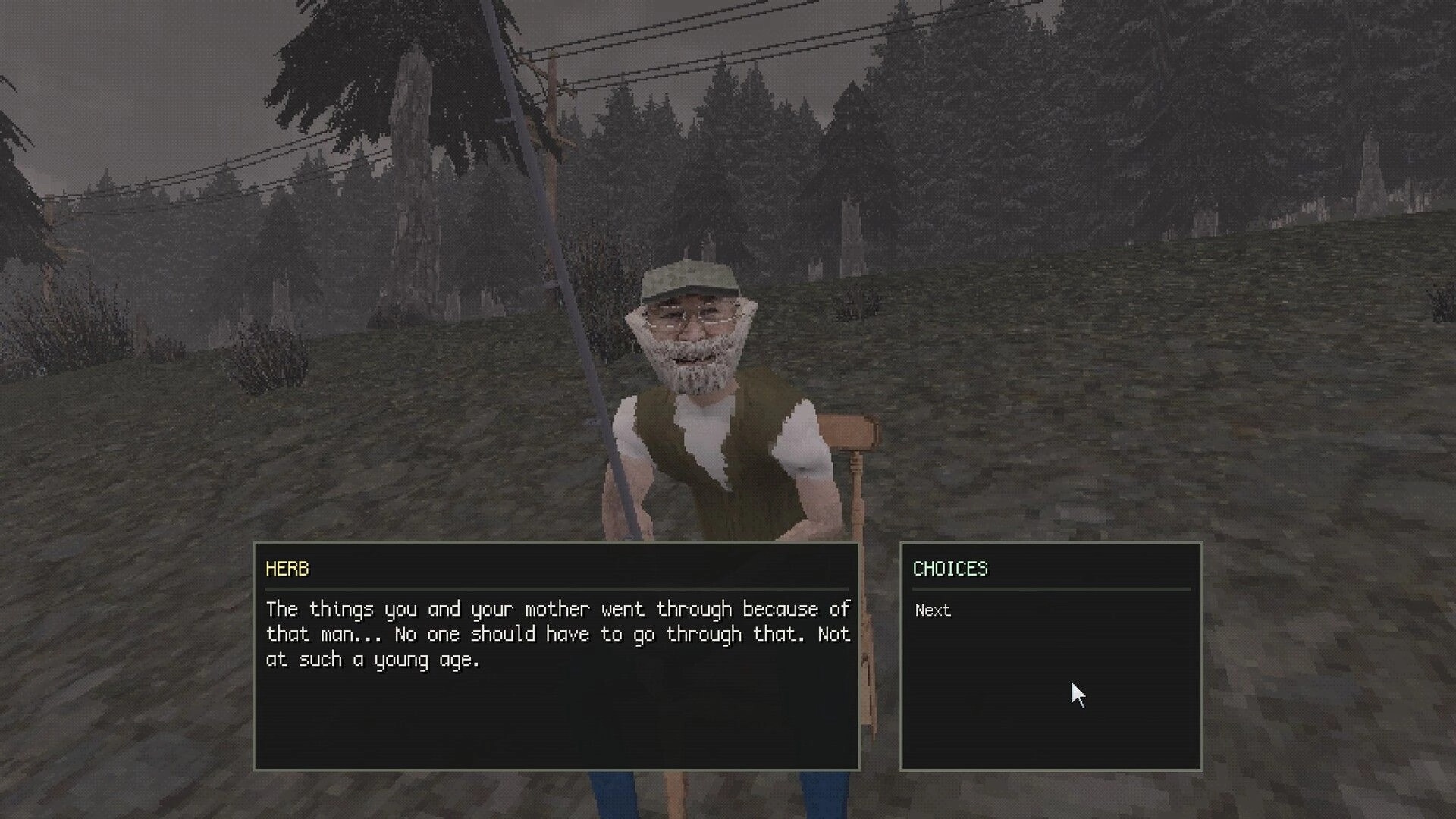 WILLOW RIDGE: Talking to Herb via dialogue UI in a foggy hillside cemetery with power lines overhead.