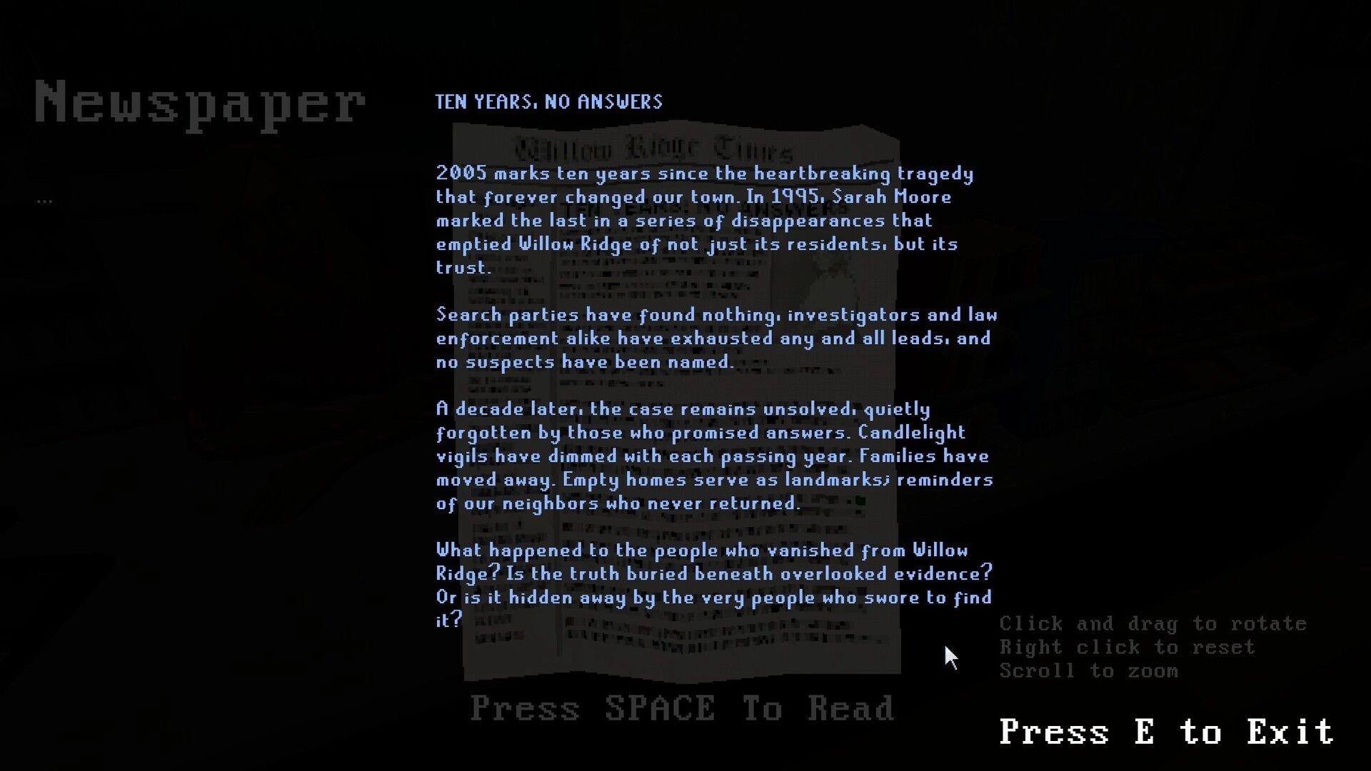 WILLOW RIDGE: Newspaper article viewer with “TEN YEARS, NO ANSWERS” headline on dark UI screen.