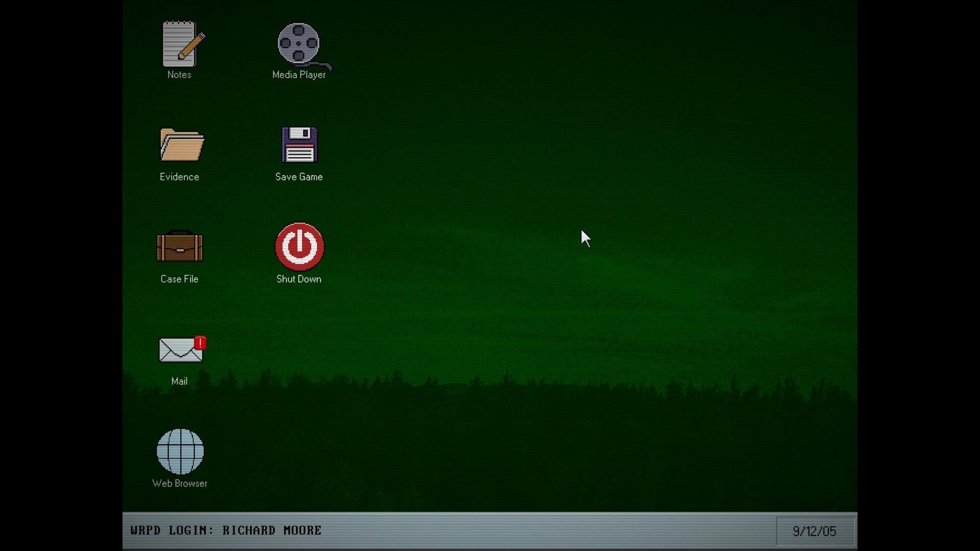 WILLOW RIDGE: Desktop-style menu with Notes, Evidence, Case File icons on green forest backdrop.