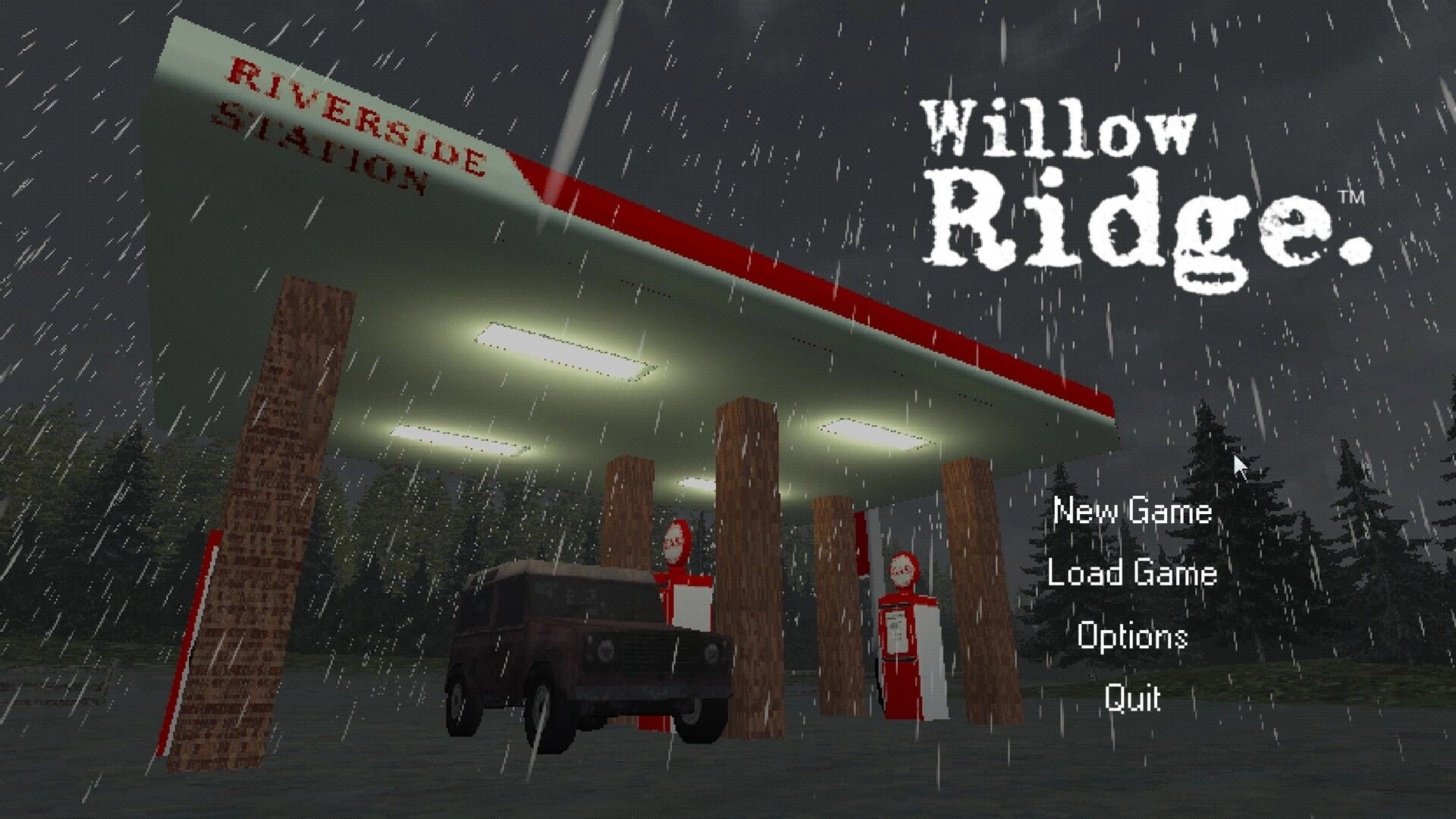 WILLOW RIDGE: Main menu over rainy gas station scene with parked van and New Game options list.