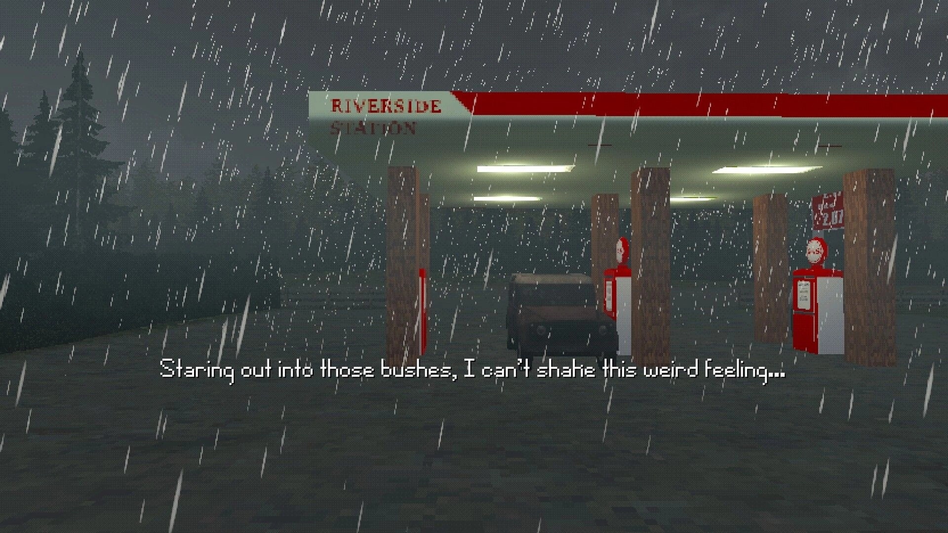 WILLOW RIDGE: Rainy night at Riverside Station gas pumps with dialogue text overlay in foggy lot.