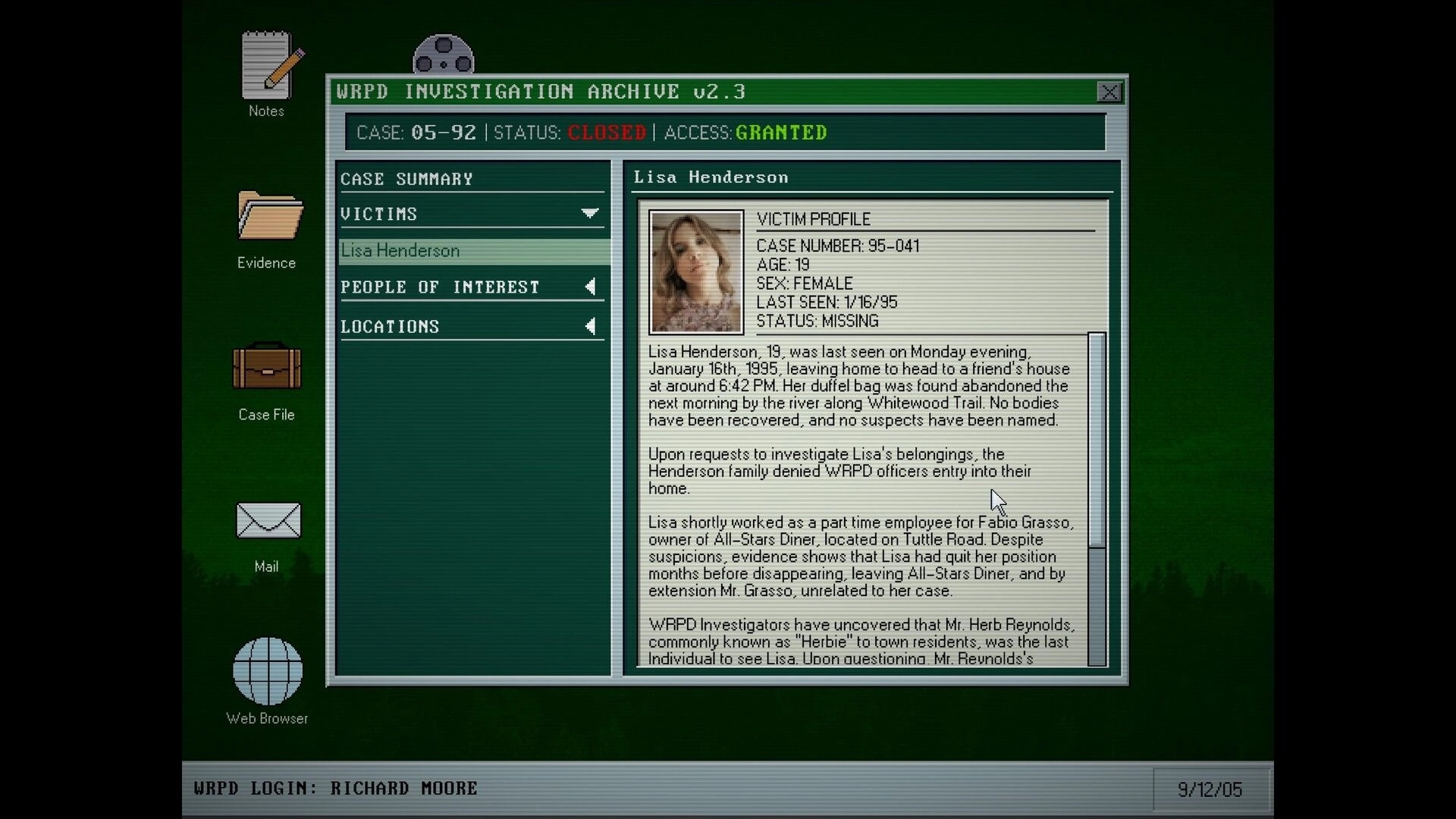 WILLOW RIDGE: Police case file UI for missing Lisa Henderson in WRPD investigation archive screen.