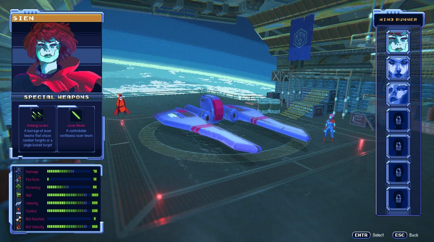 Wind Runners: Sien preparing for flight in hangar with ship, special weapons, and stats displayed