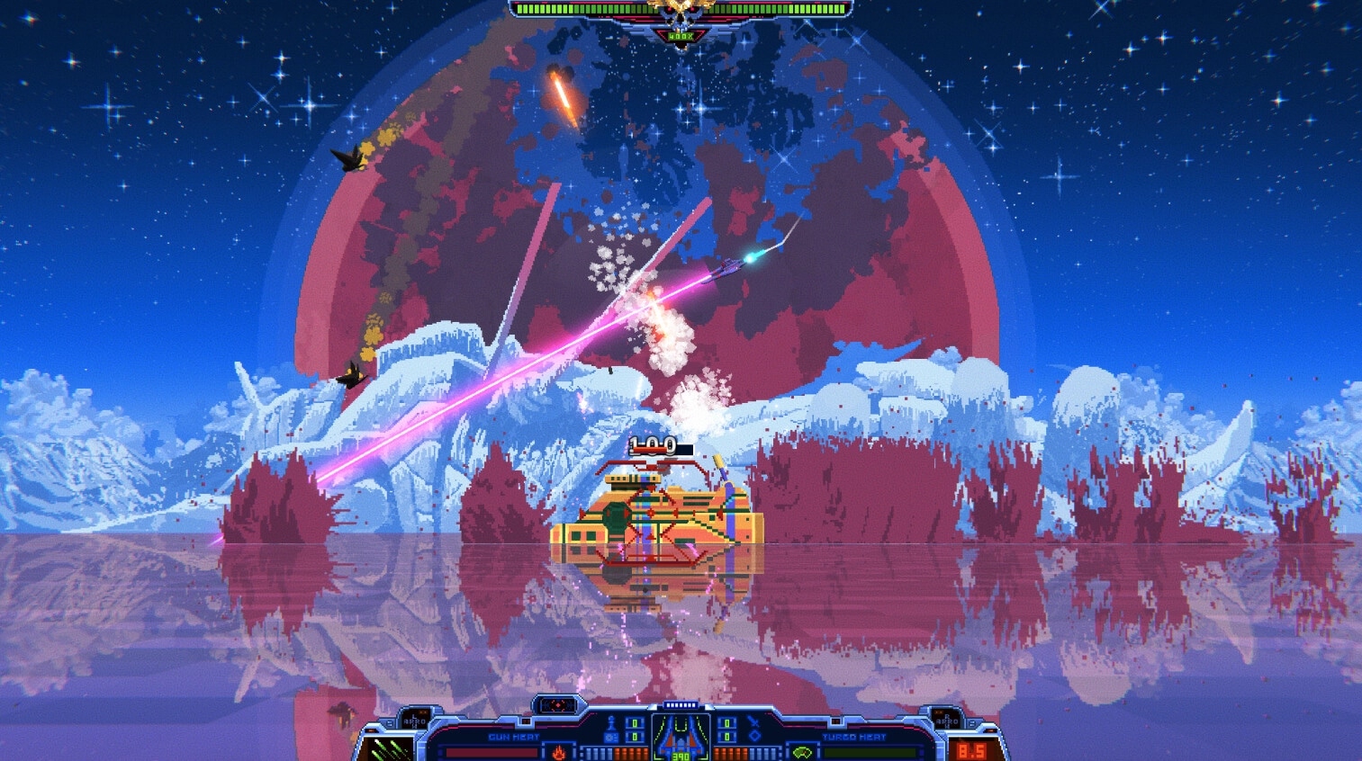Wind Runners: Intense aerial combat with lasers and explosions over icy landscape and giant planet backdrop