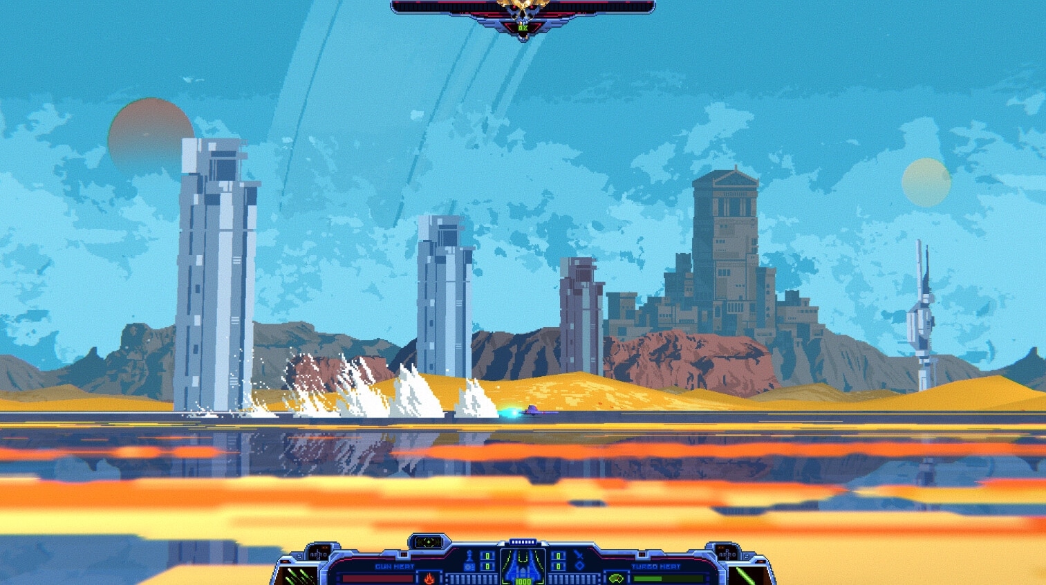 Wind Runners: Ishma pilot zooms over reflective desert landscape with futuristic city in the distance