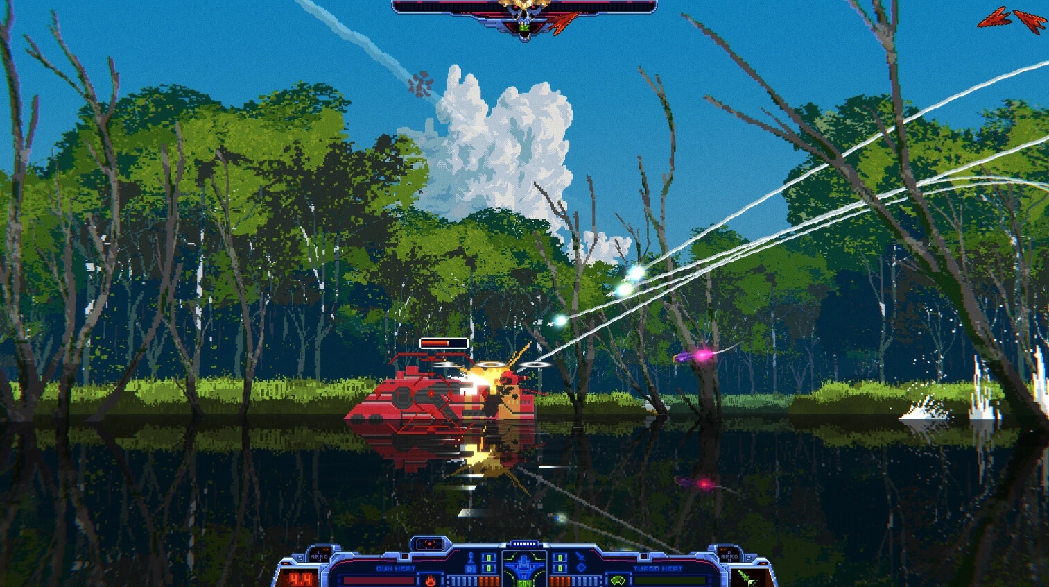 Wind Runners: Aerial combat with Ishma pilot in lush forest, HUD displays gun and turbo heat gauges