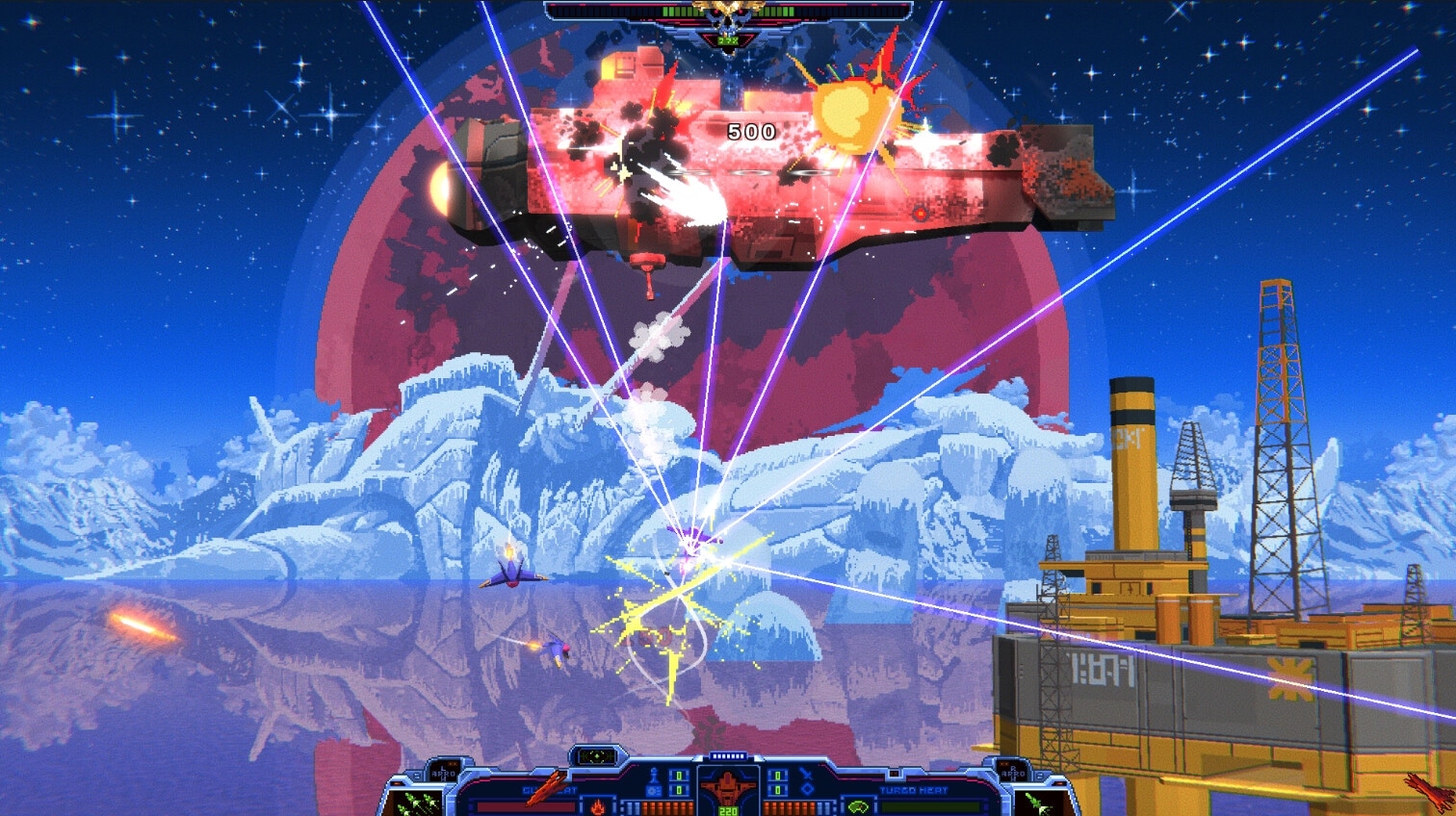 Wind Runners: Aerial combat with lasers and explosions above icy mountains and an industrial platform.
