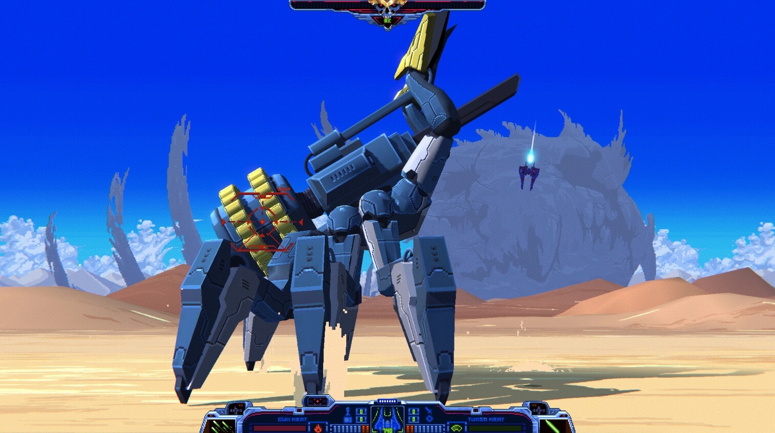 Wind Runners: Giant mechanical boss battle in desert with HUD displaying health and weapon stats