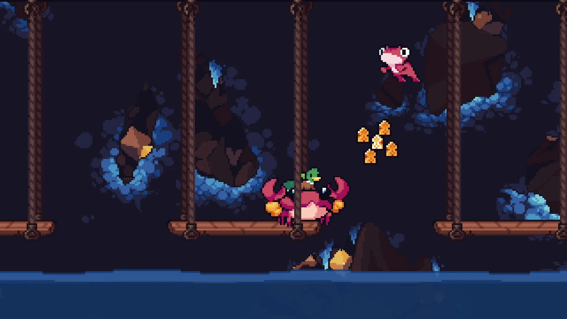 Windswept: Marbles jumps between platforms in a dark cave, avoiding a crab and collecting treasures.