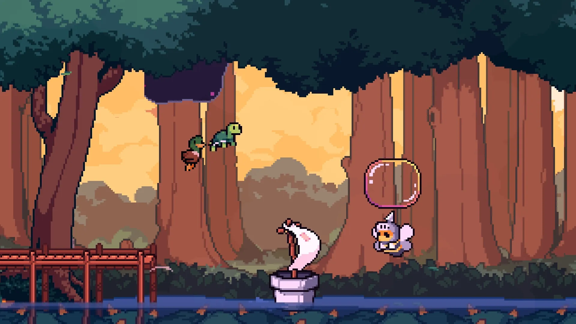 Windswept: Marbles and Checkers jump between trees in a vibrant forest with a small sailboat below.