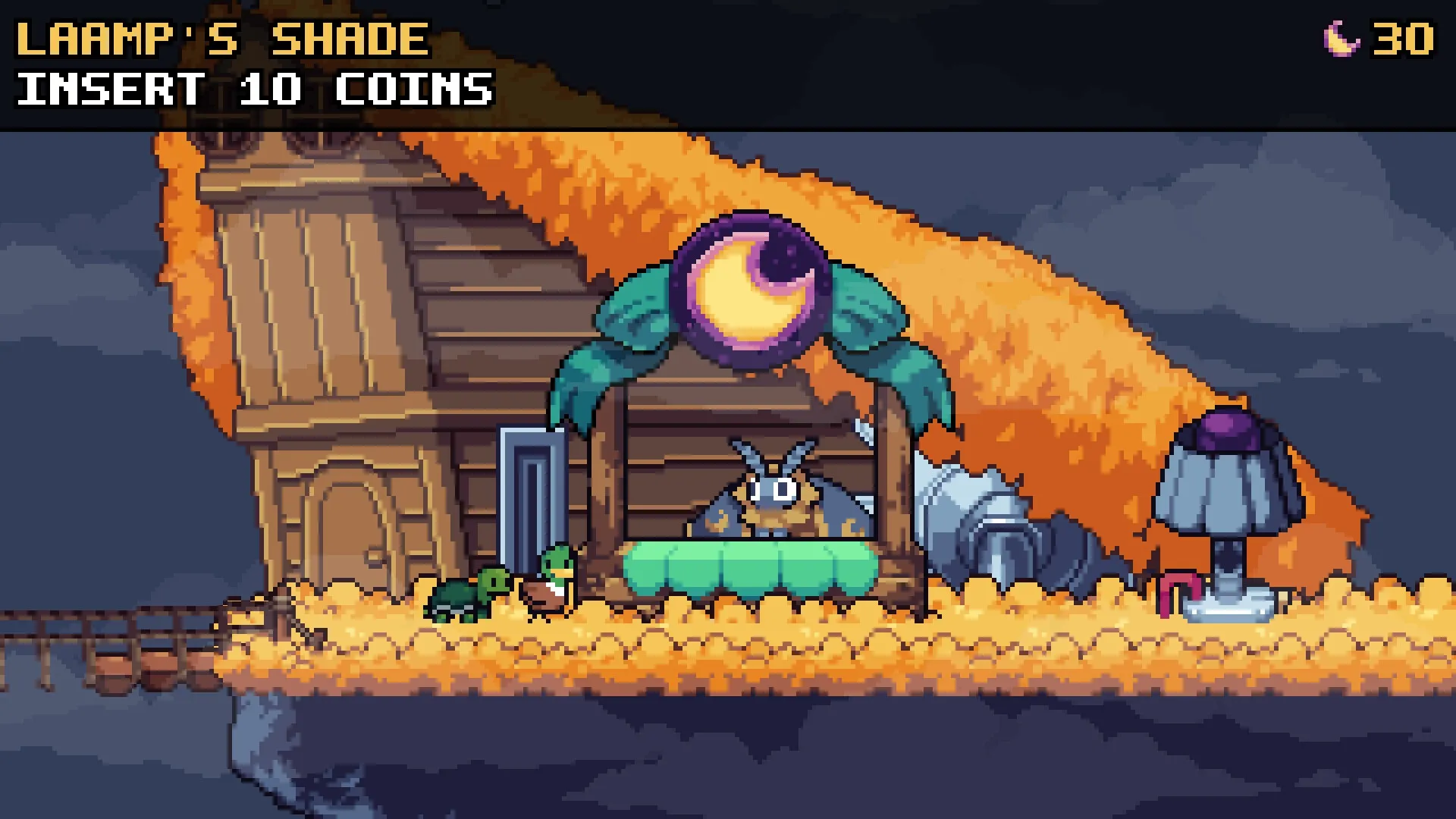 Windswept: Marbles and Checkers approach a shop stand in a cloud-filled village environment.