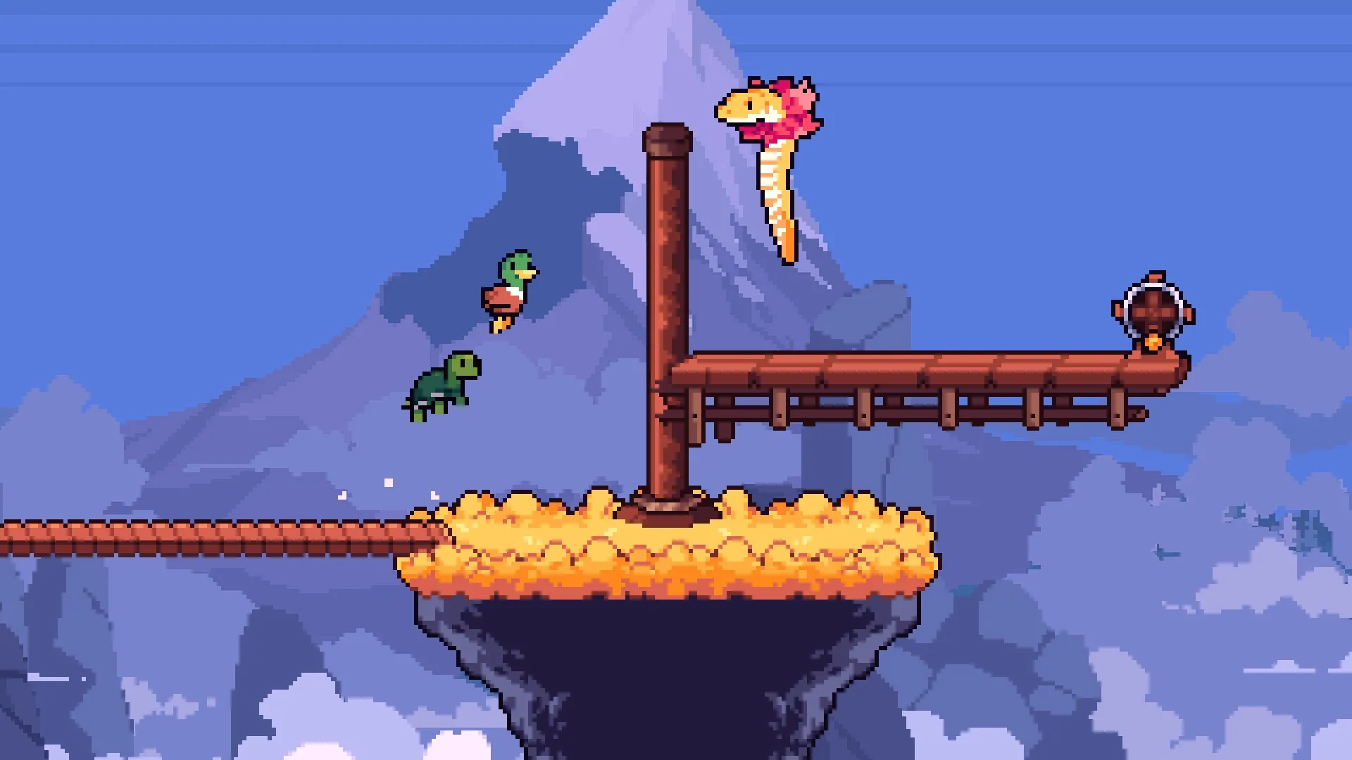 Windswept: Marbles and Checkers jump across floating platforms with mountains and clouds in the background.