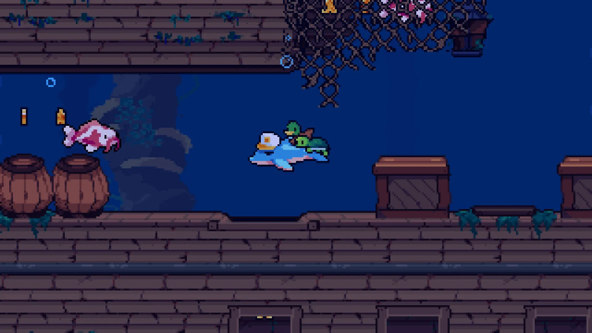 Windswept: Marbles and Checkers swim underwater near barrels, collecting coins in a wooden shipwreck.