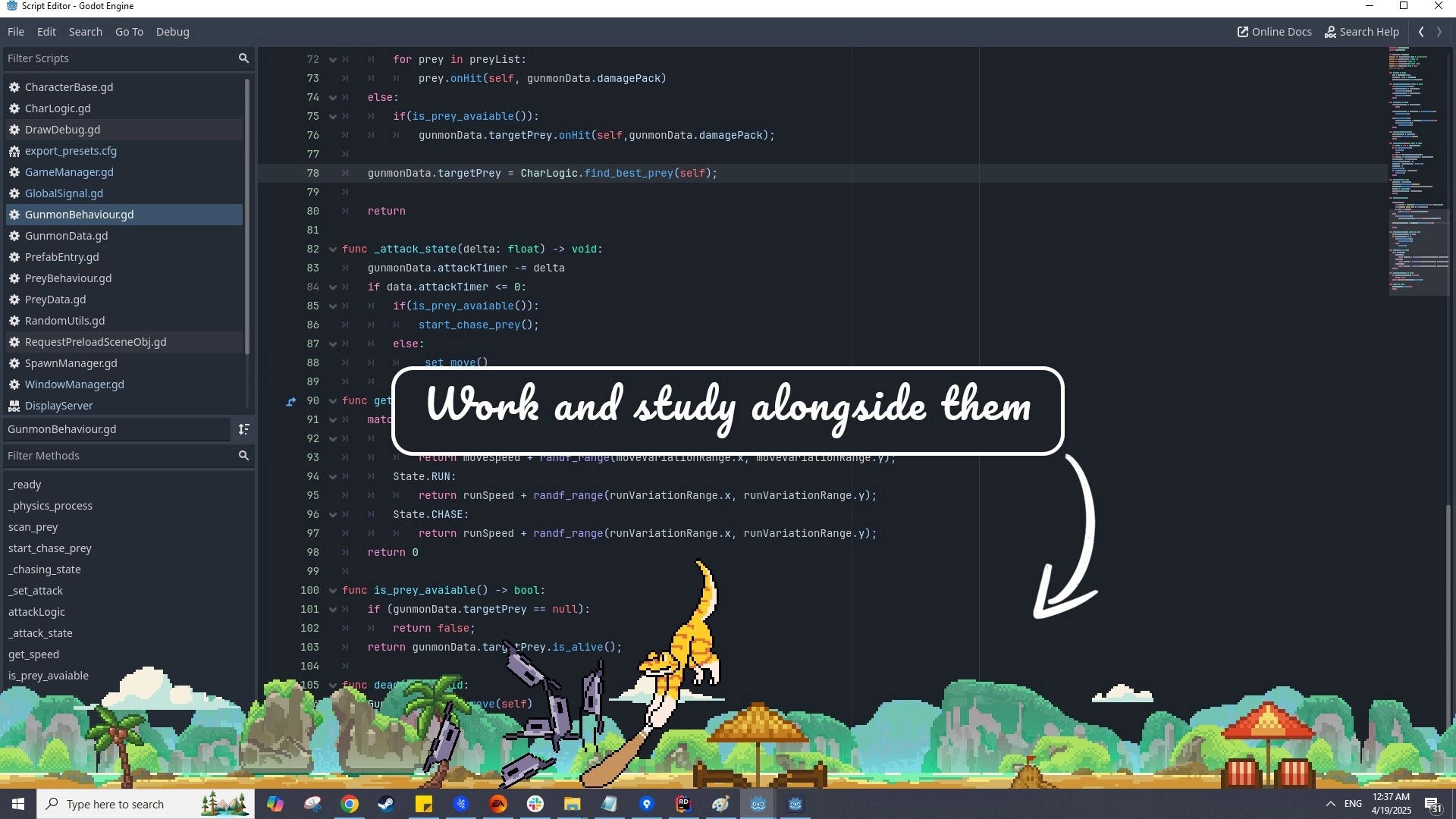 WinMon: Code editor with sprite art of monsters and landscape at the bottom of the screen