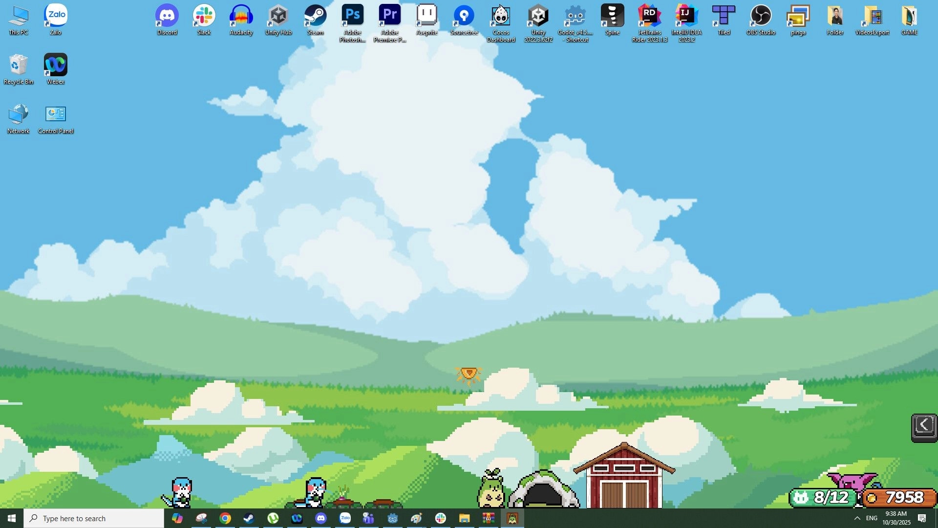 WinMon: Desktop farming view with pixel art landscape, barn, cave, and two cute monsters at bottom screen.