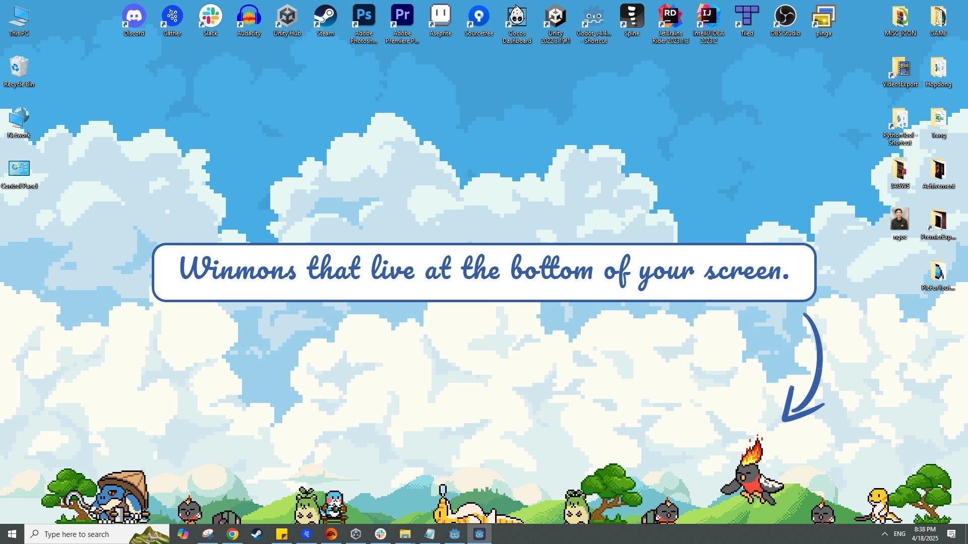 WinMon: Cute pixel monsters with trees and clouds, desktop icons above, message "Winmons at bottom."