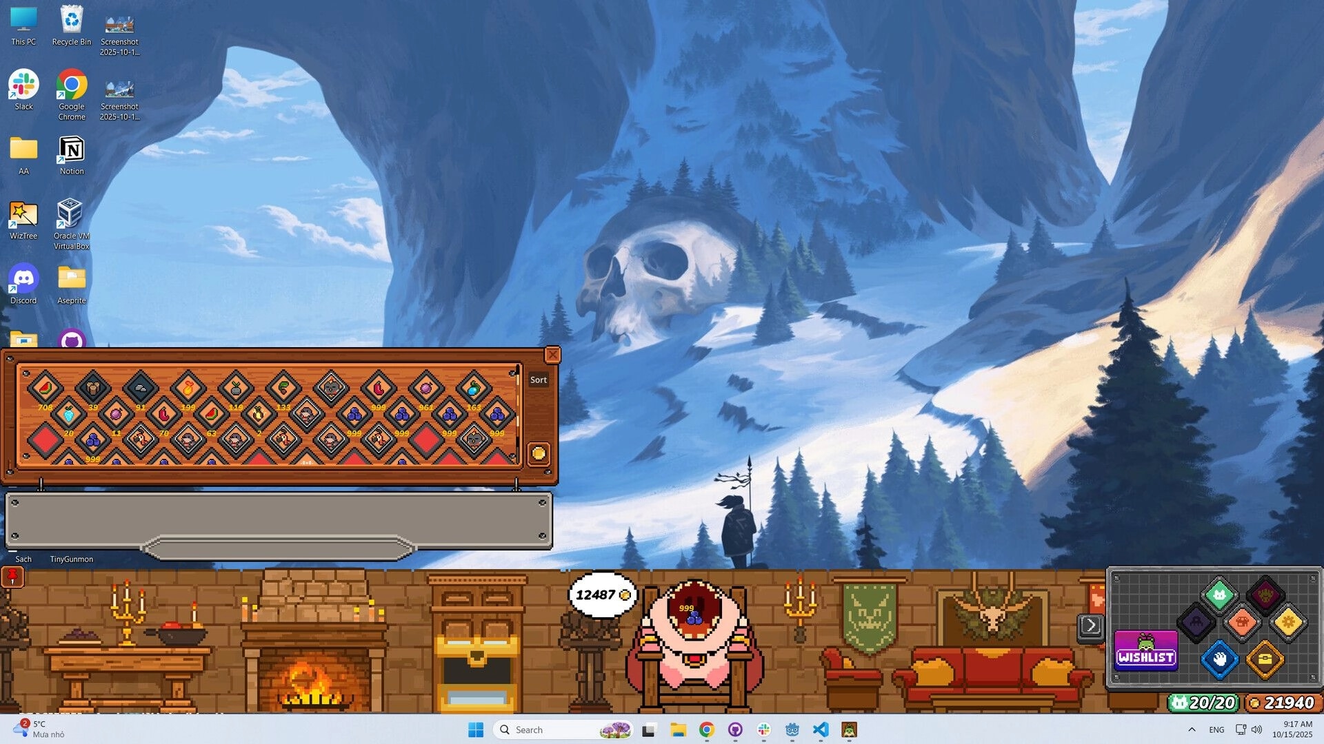 WinMon: Inventory menu with resources, TinyGunmon character in cozy room, snowy mountain backdrop