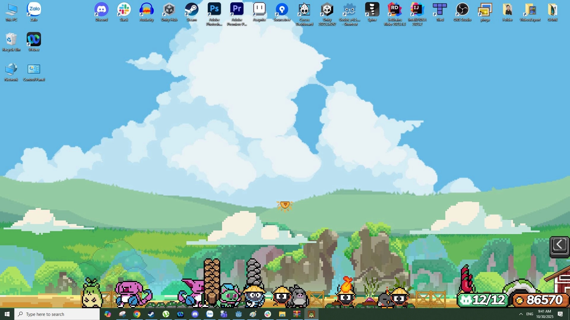 WinMon: Cute monsters gather resources and work in a colorful landscape with tools and materials.