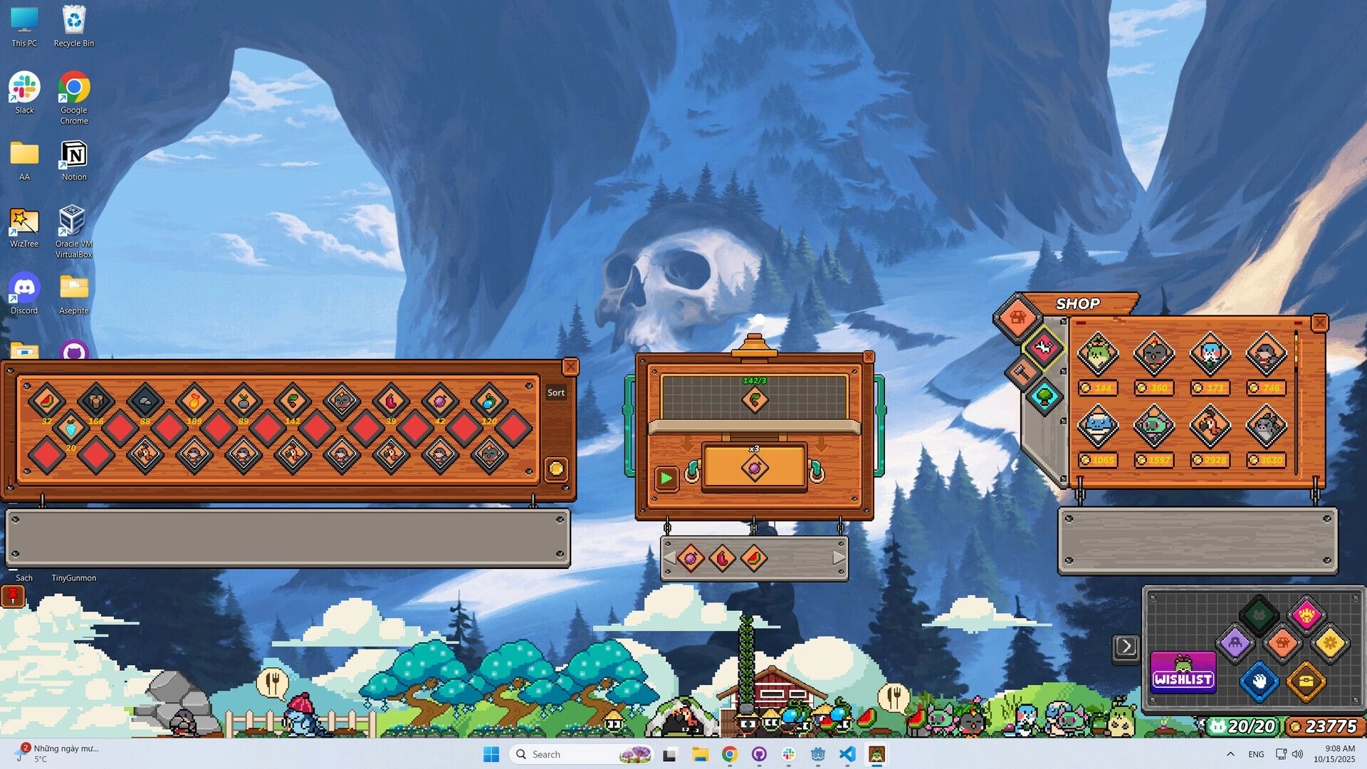 WinMon: Inventory and shop menus open over snowy landscape background with desktop icons visible