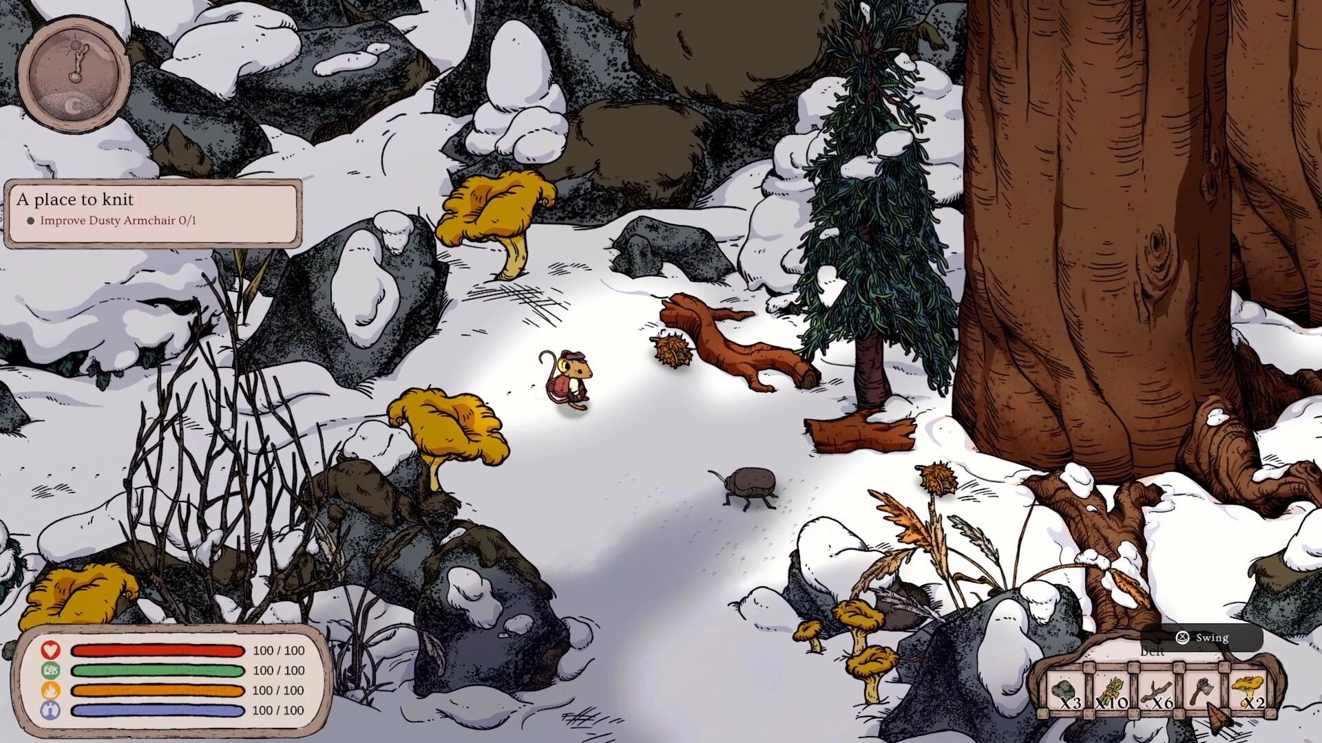 Winter Burrow: Mouse exploring snowy forest with crafting menu and inventory visible on screen