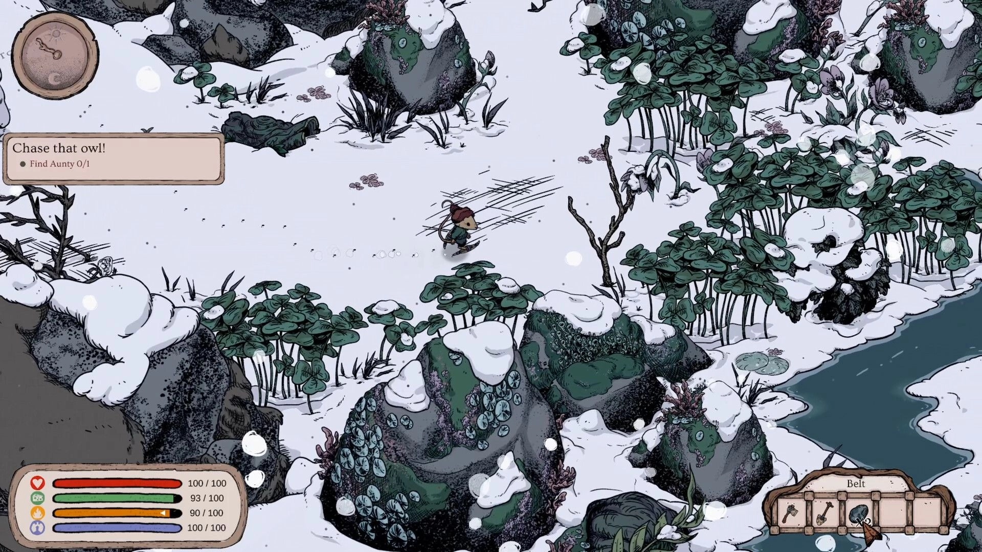 Winter Burrow: Mouse character running through snowy forest with health and inventory UI displayed