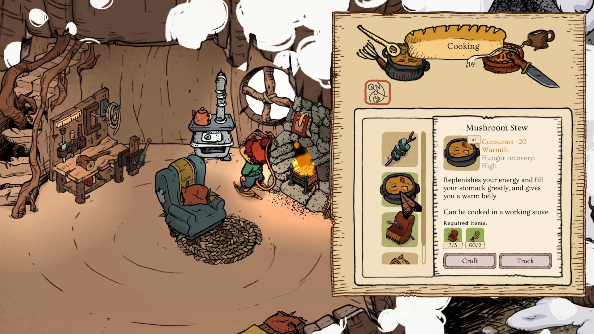Winter Burrow: Mouse crafting mushroom stew in cozy burrow with crafting table and fireplace nearby