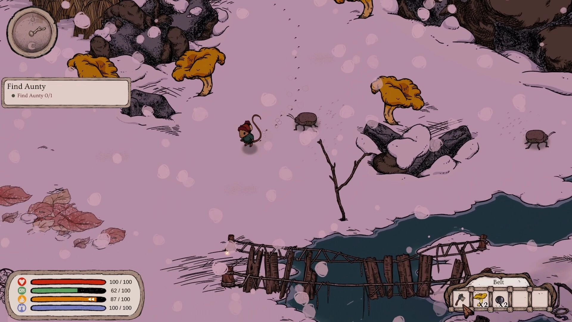 Winter Burrow: Mouse explores snowy forest, seeking Aunty; quest log and health bar visible.