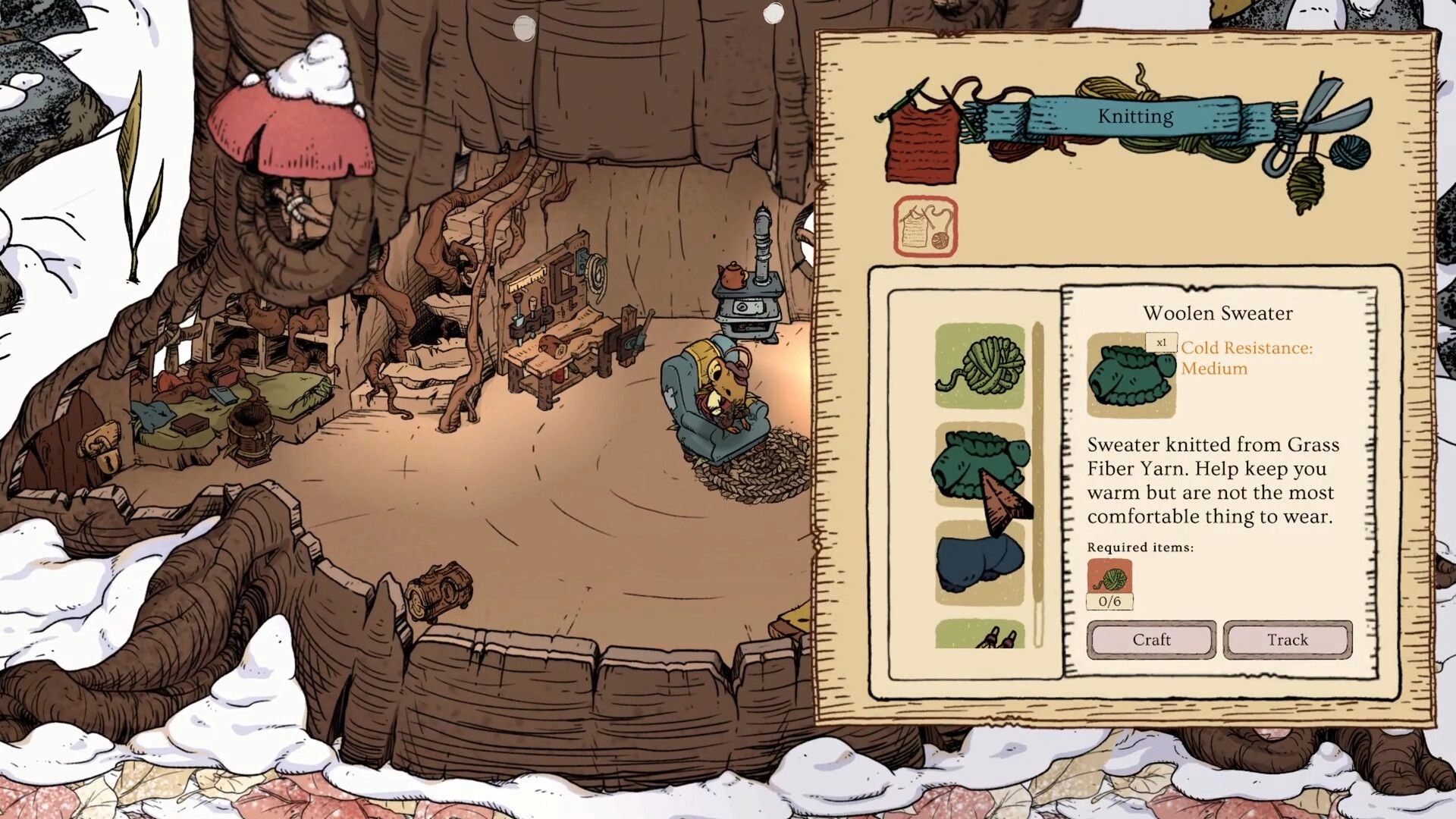 Winter Burrow: Mouse knitting in cozy burrow with crafting menu open for woolen sweater creation