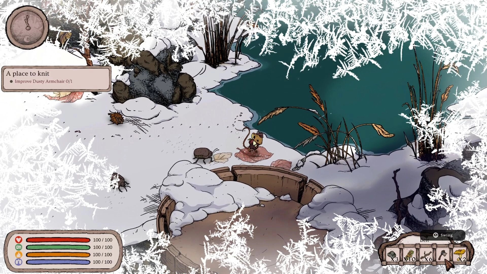 Winter Burrow: Mouse by snowy riverbank with crafting items and health bars, preparing to knit.