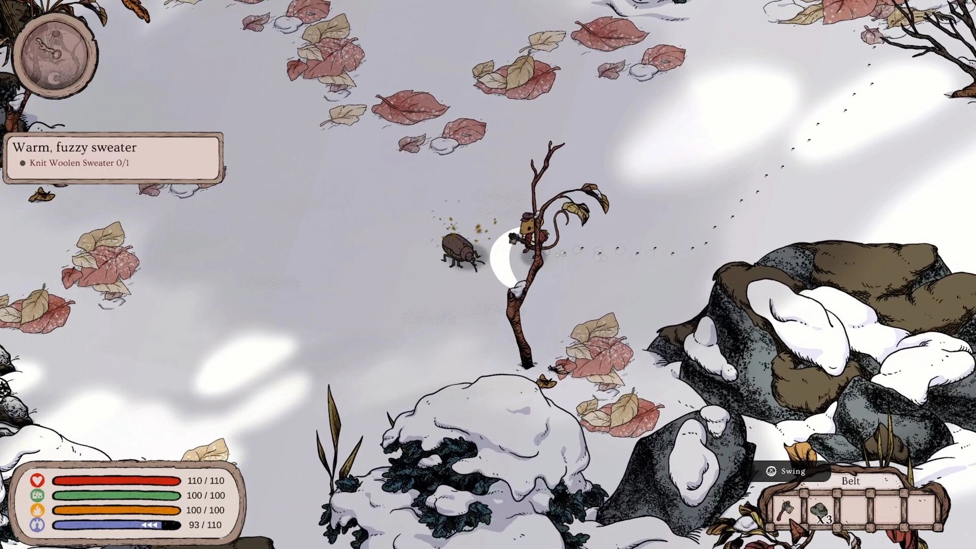 Winter Burrow: Mouse character encounters a beetle on snowy terrain with health bars and inventory visible.