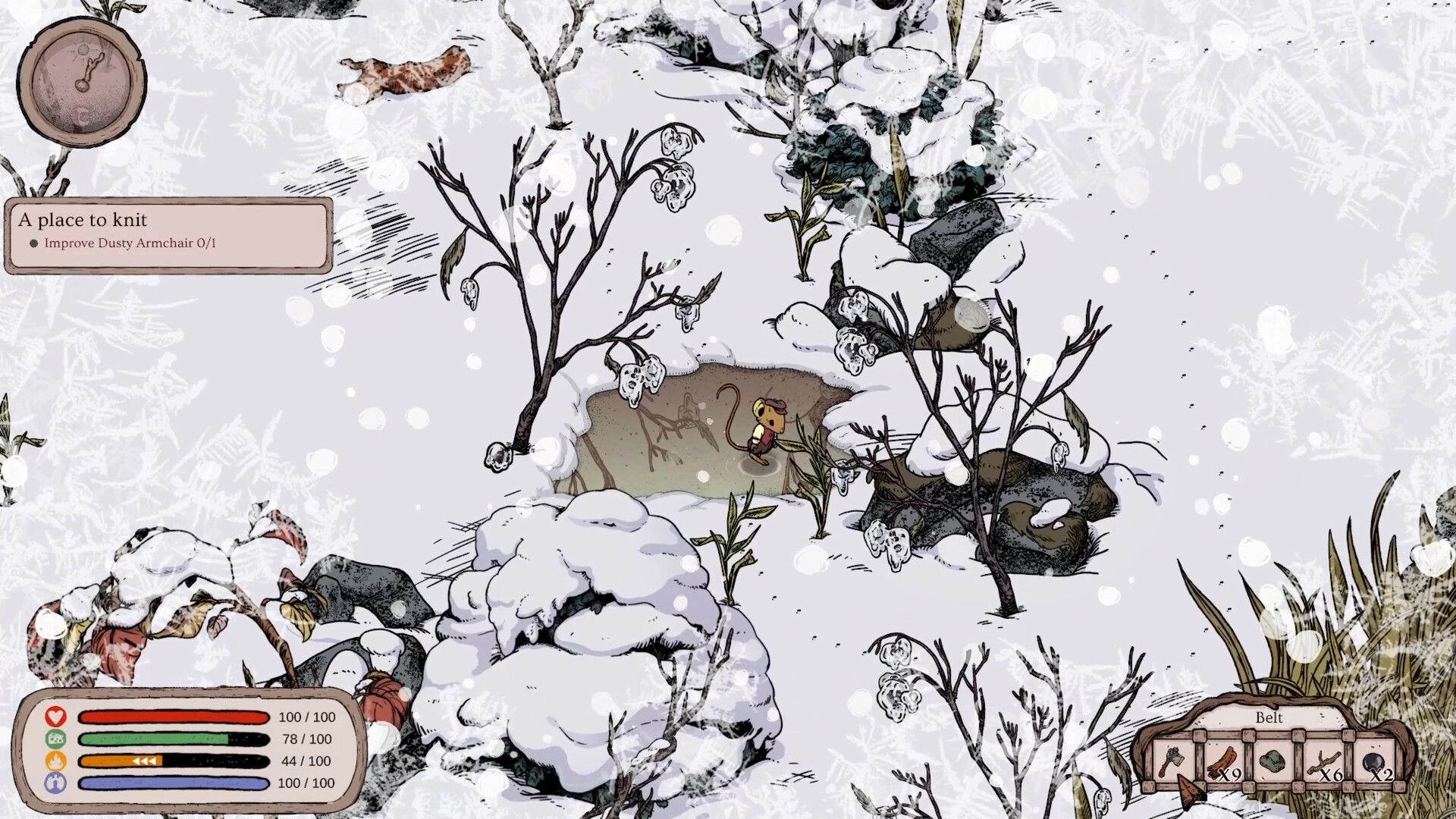 Winter Burrow: Mouse character in snowy forest, inventory bar and health status displayed in UI.